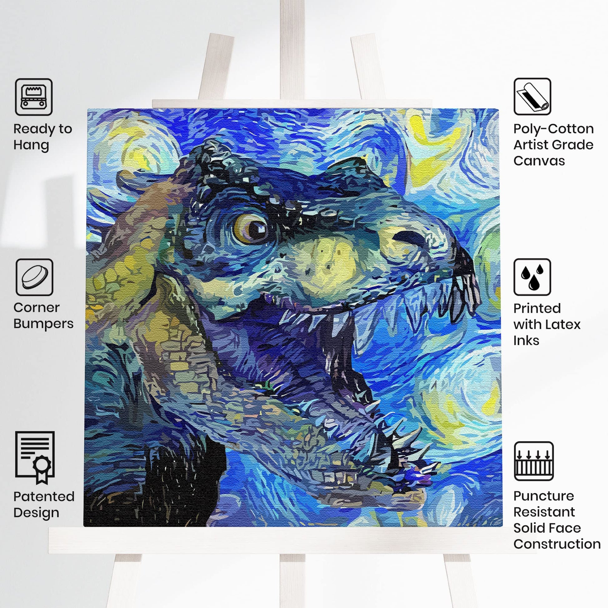 Blue Tyrannosaurus Rex dinosaur art with swirling vibrant brushstrokes on square canvas on white easel in bright setting