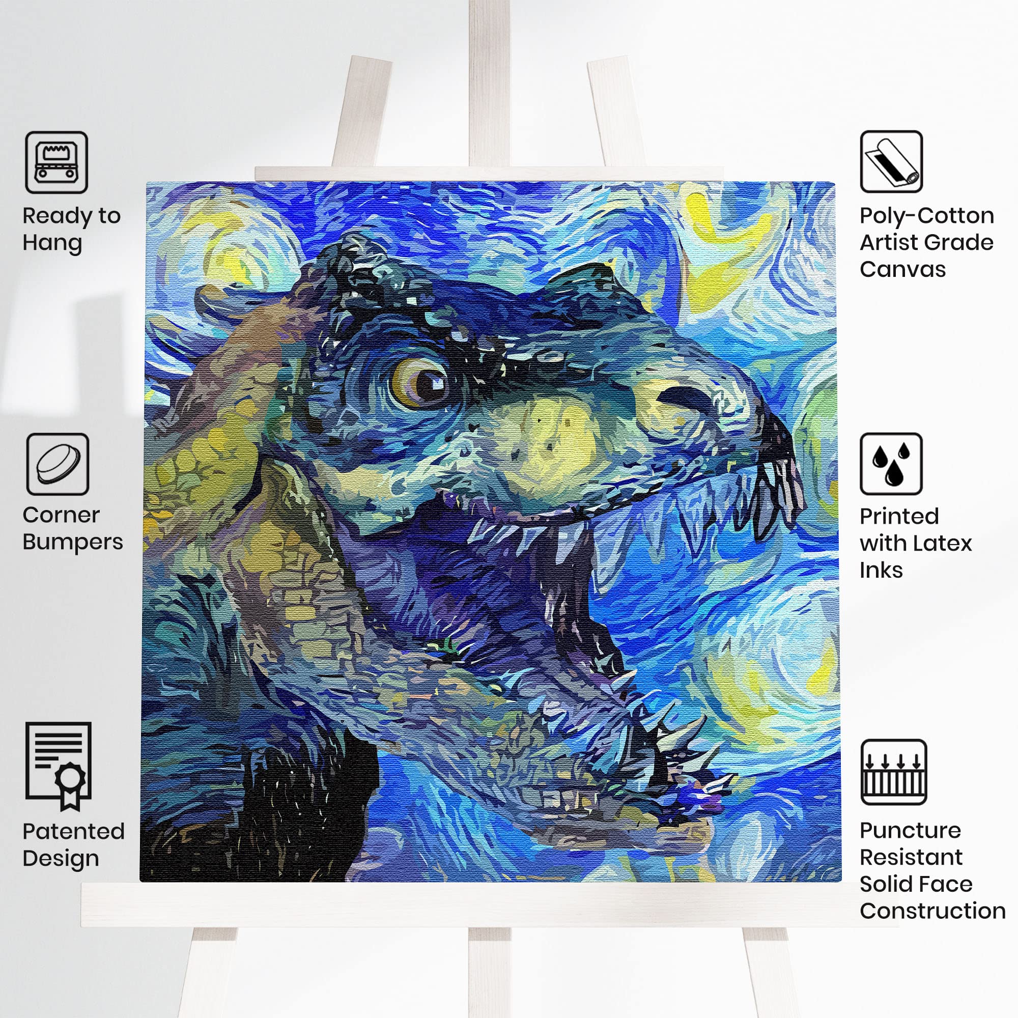 Blue Tyrannosaurus Rex dinosaur art with swirling vibrant brushstrokes on square canvas on white easel in bright setting