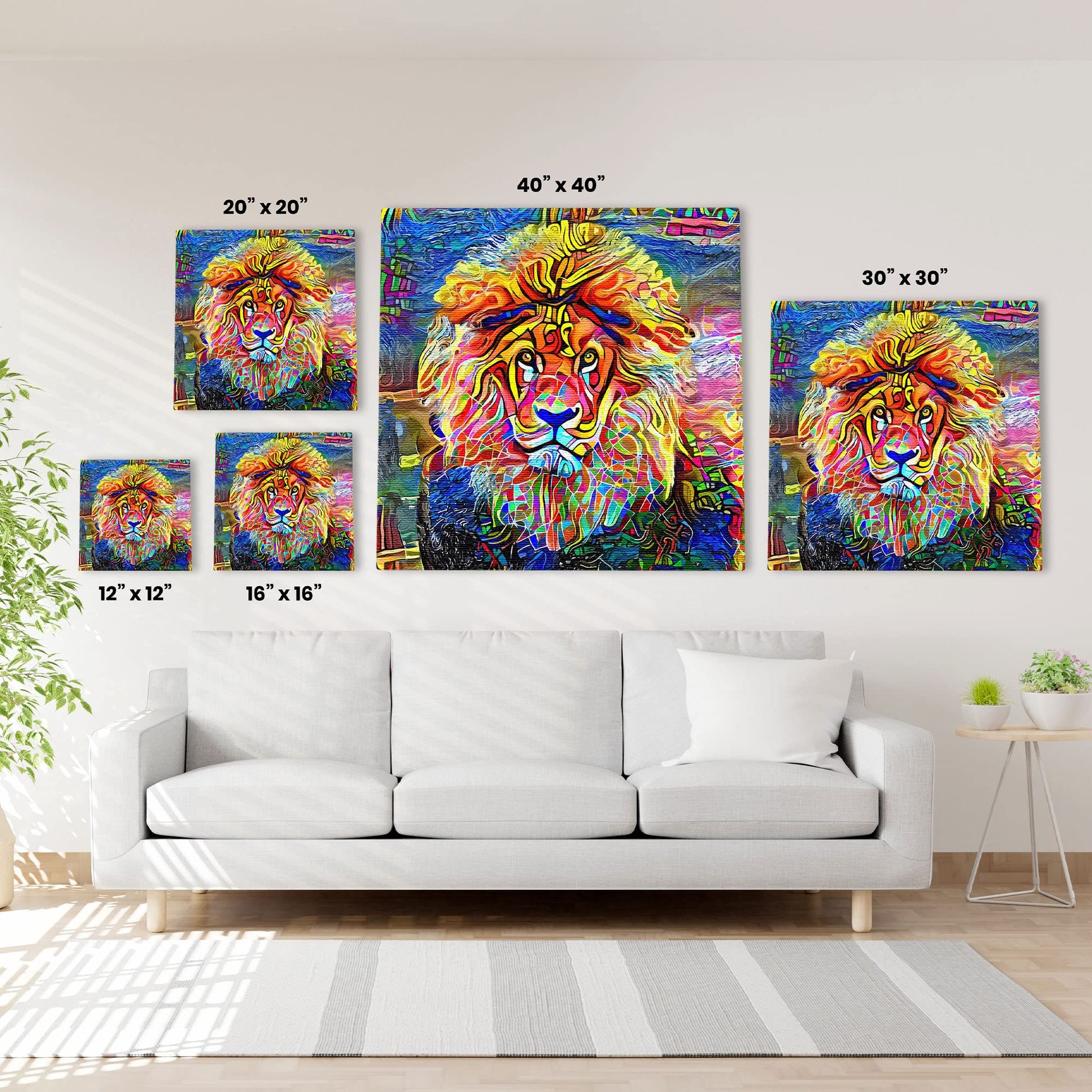 Colorful abstract lion face wall art with vivid geometric patterns on textured canvas above white sofa in modern living room
