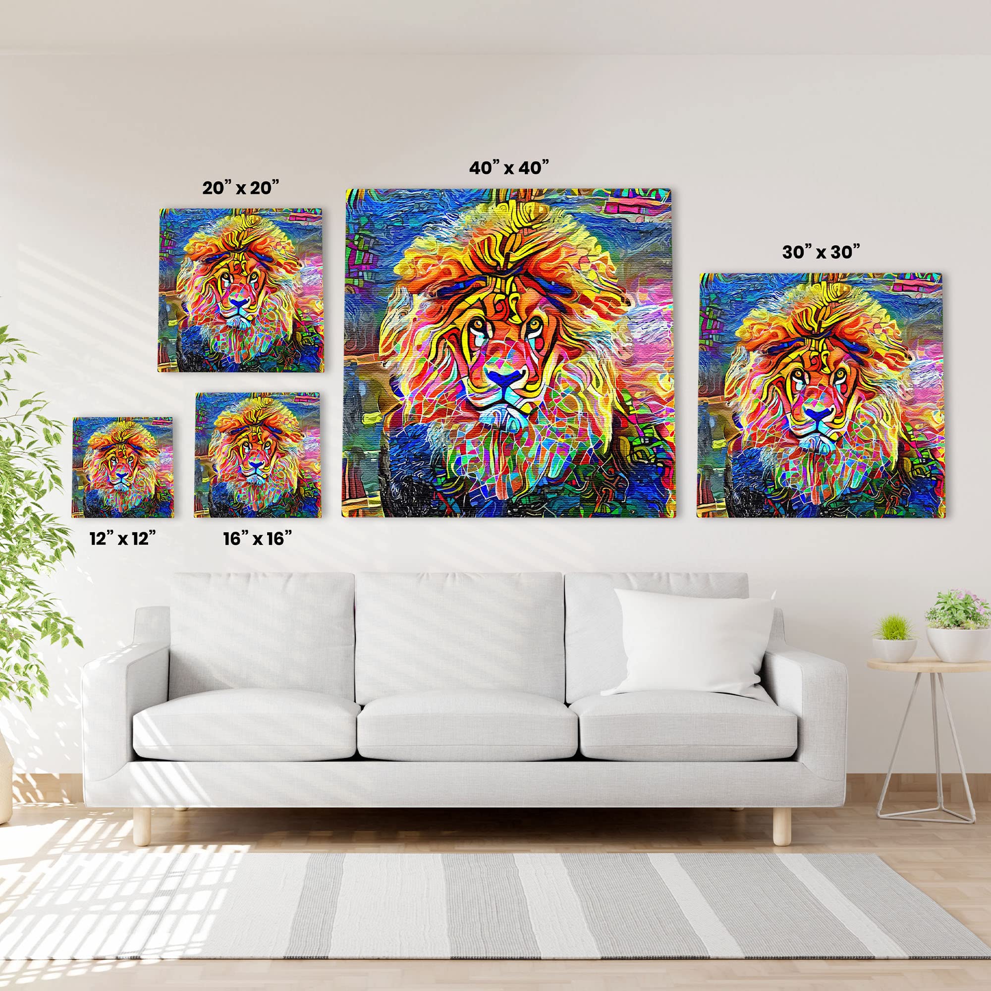Colorful abstract lion face wall art with vivid geometric patterns on textured canvas above white sofa in modern living room