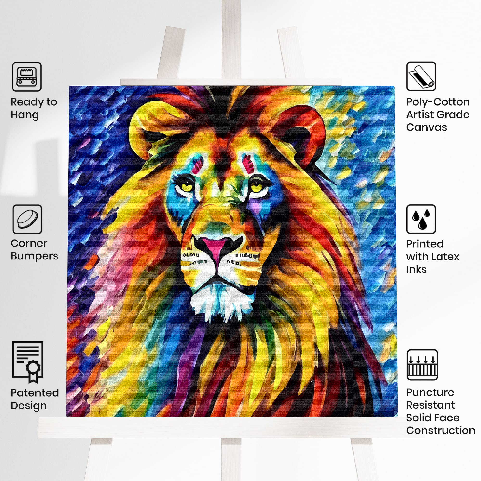 Colorful wise old lion artwork on square canvas displayed on easel with product feature icons in bright setting