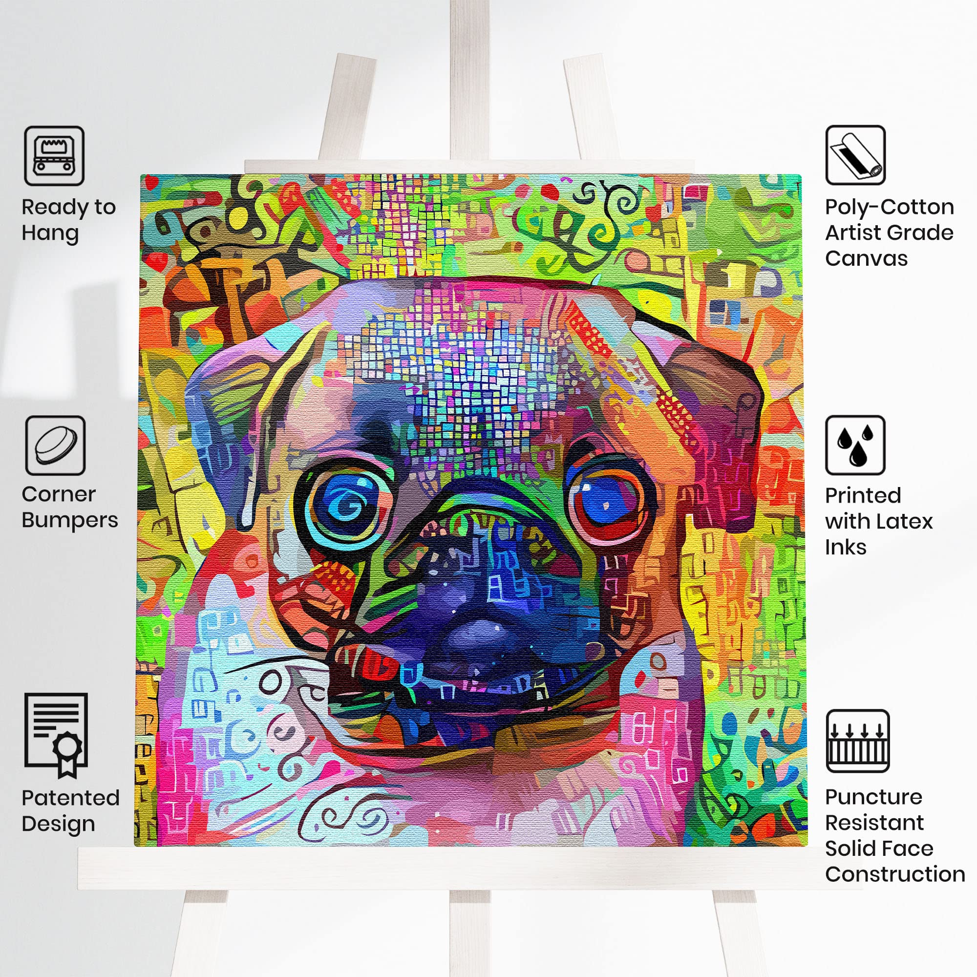 Vibrant colorful abstract Pug dog art with multicolor geometric brush strokes on square canvas displayed on white easel