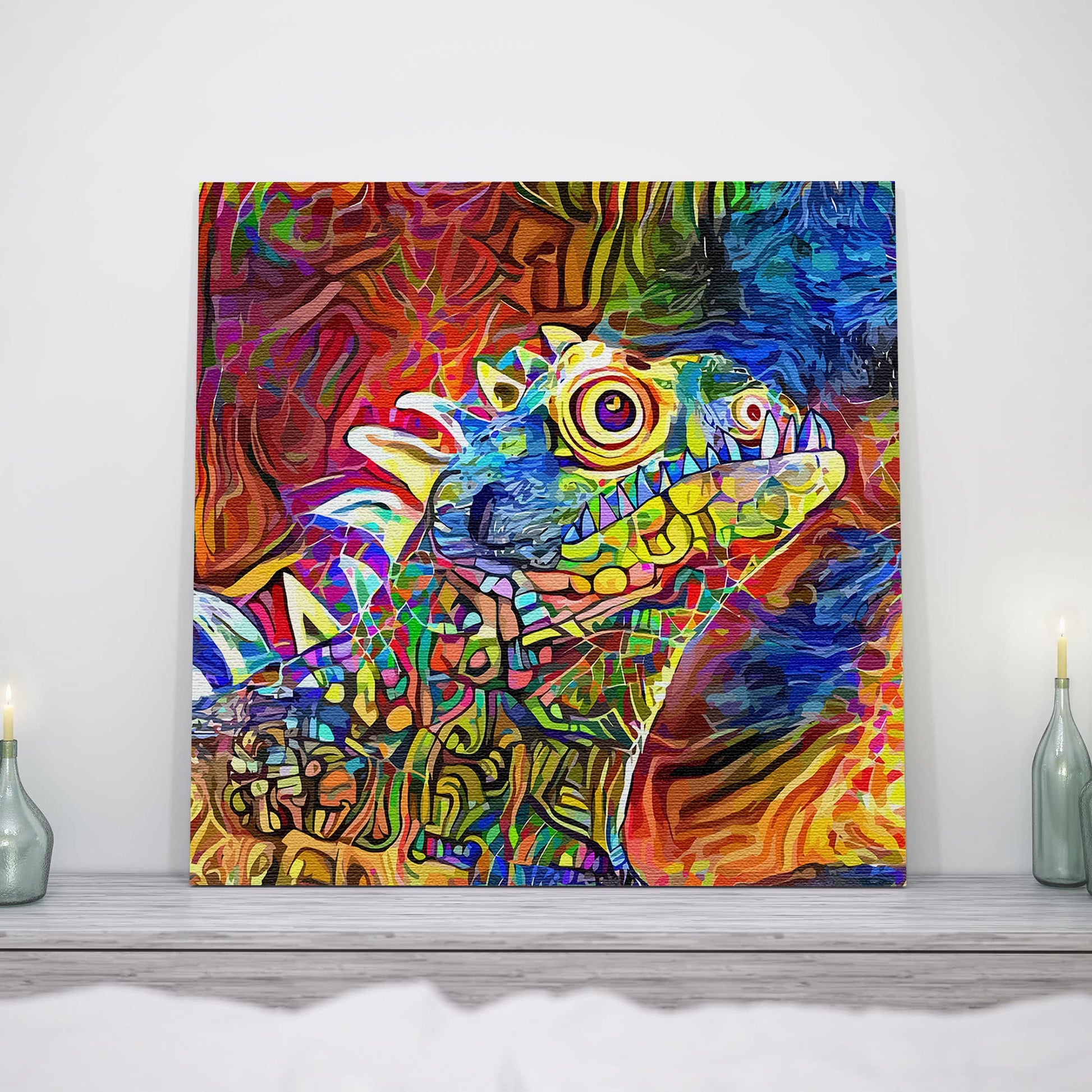 Colorful iguana wall art print with intricate vibrant abstract geometric patterns on textured canvas in modern minimalist setting