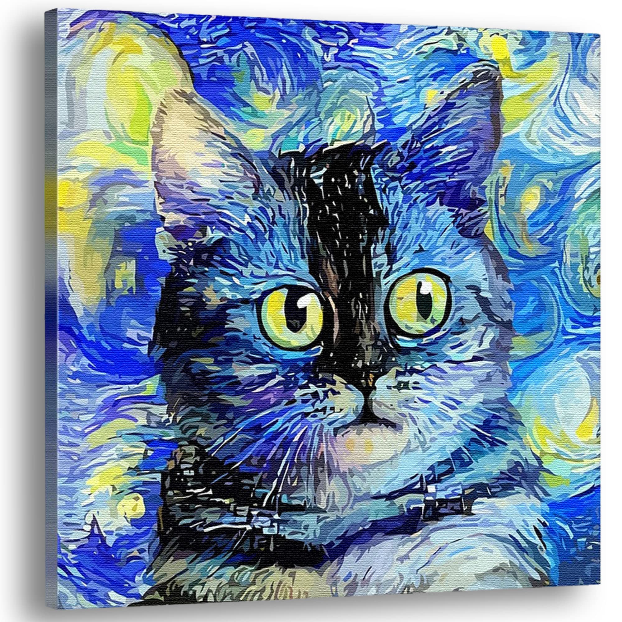 Blue impressionist cat art with swirling vibrant brushstrokes and bright yellow eyes on square canvas