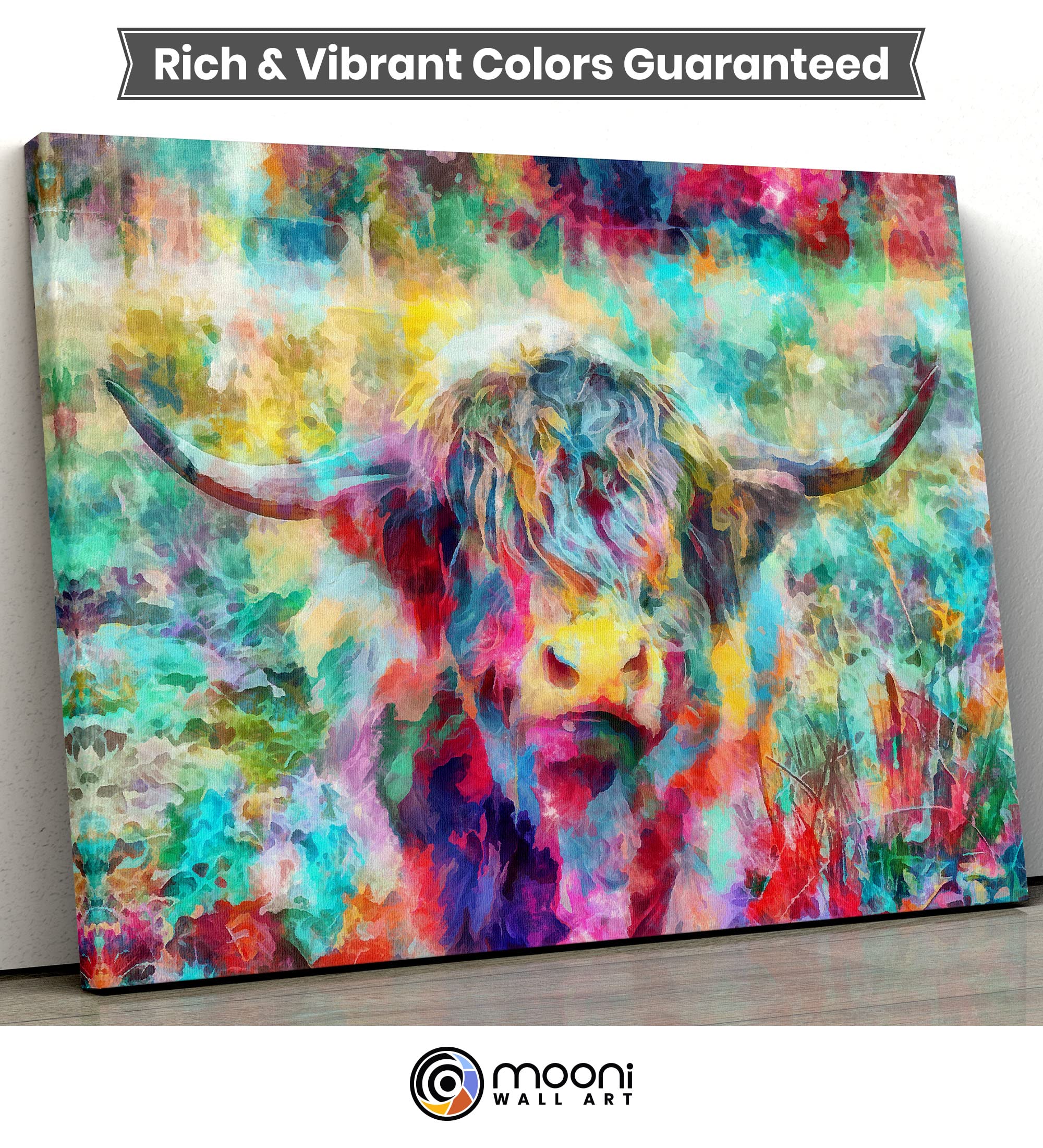 Abstract colorful Highland cow watercolor canvas artwork with bold vibrant reds, blues, yellows, and greens in fluid painterly style
