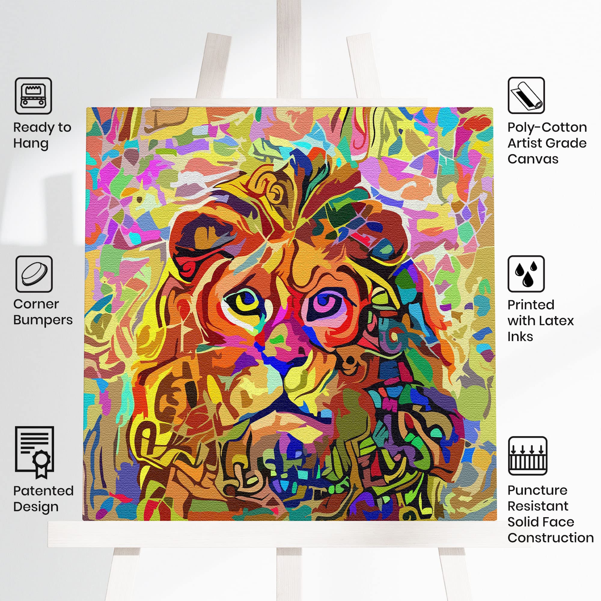 Vibrant colorful peaceful serene lion artwork on square canvas displayed on easel with white background and product icons