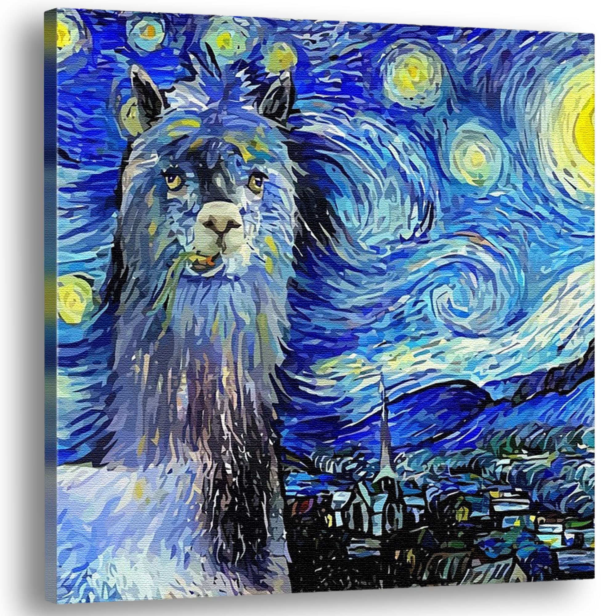 Humorous blue alpaca canvas artwork with swirling starry night sky in vibrant blues and yellows inspired by Van Gogh’s style