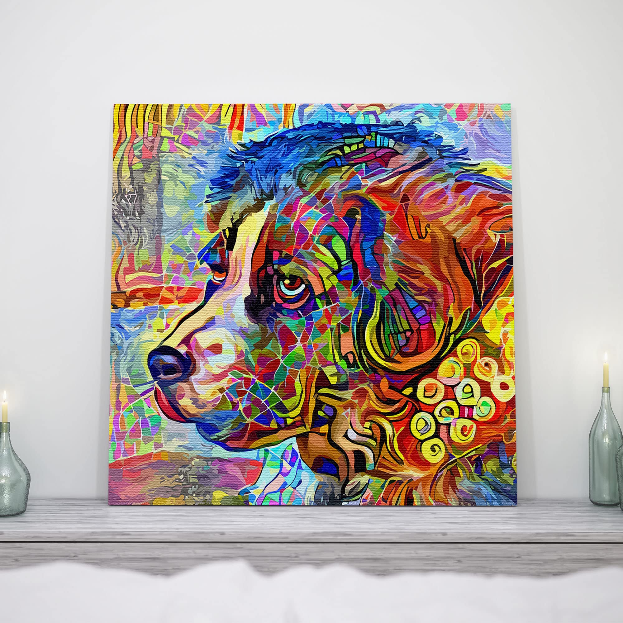 Colorful abstract Newfoundland dog art with vibrant multicolor geometric patterns on square canvas displayed on mantle shelf