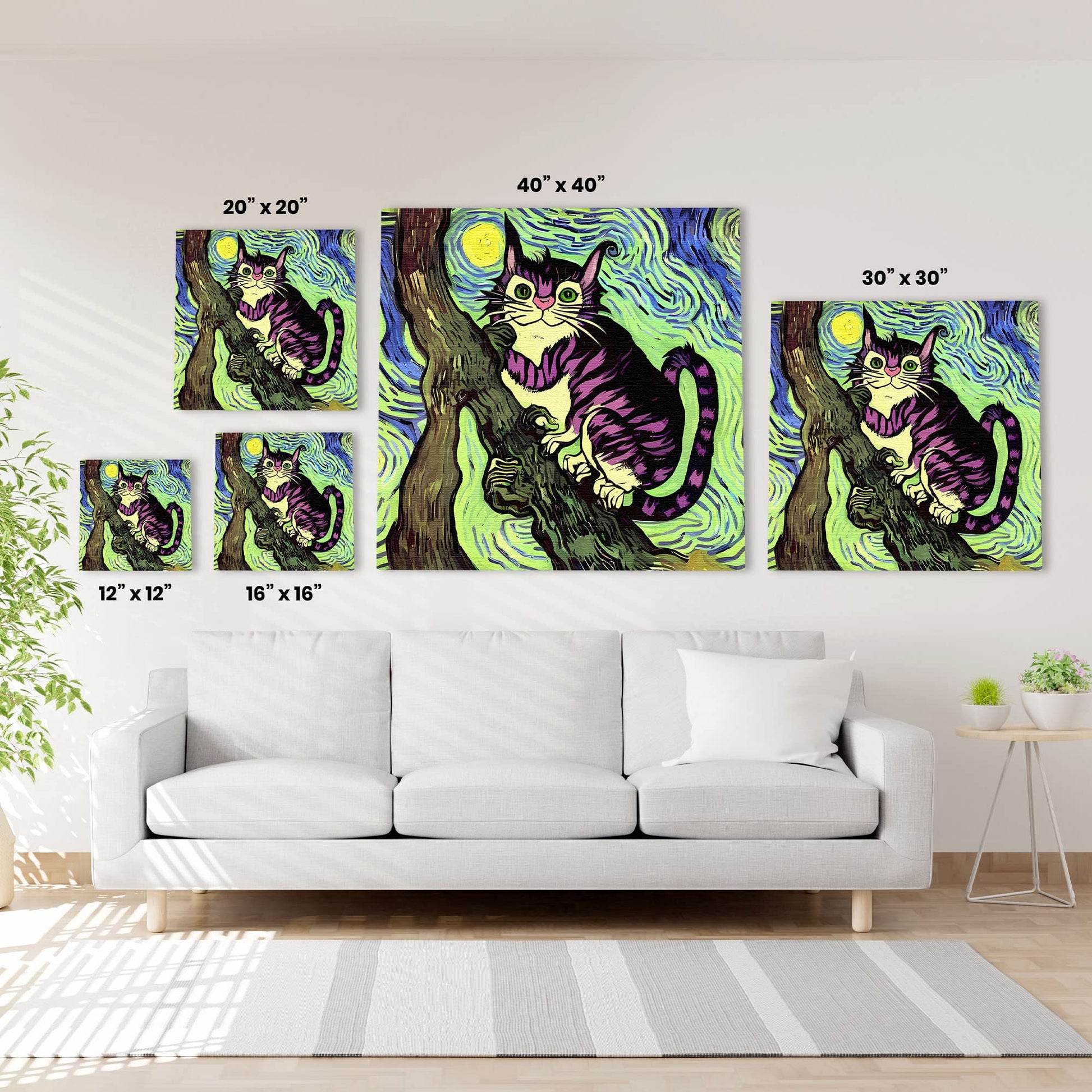 Colorful Cheshire cat wall art with bright purple stripes perched on tree branch under swirling vibrant green and blue sky