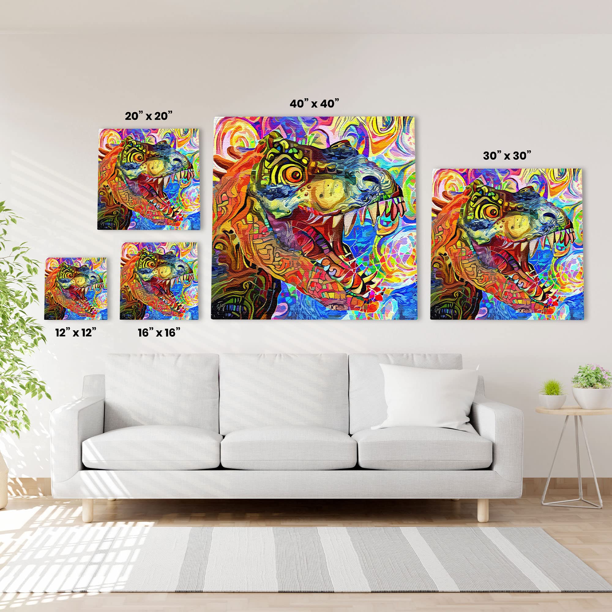 Vibrant colorful geometric mosaic T-Rex dinosaur wall art canvas with bold abstract patterns above modern white sofa