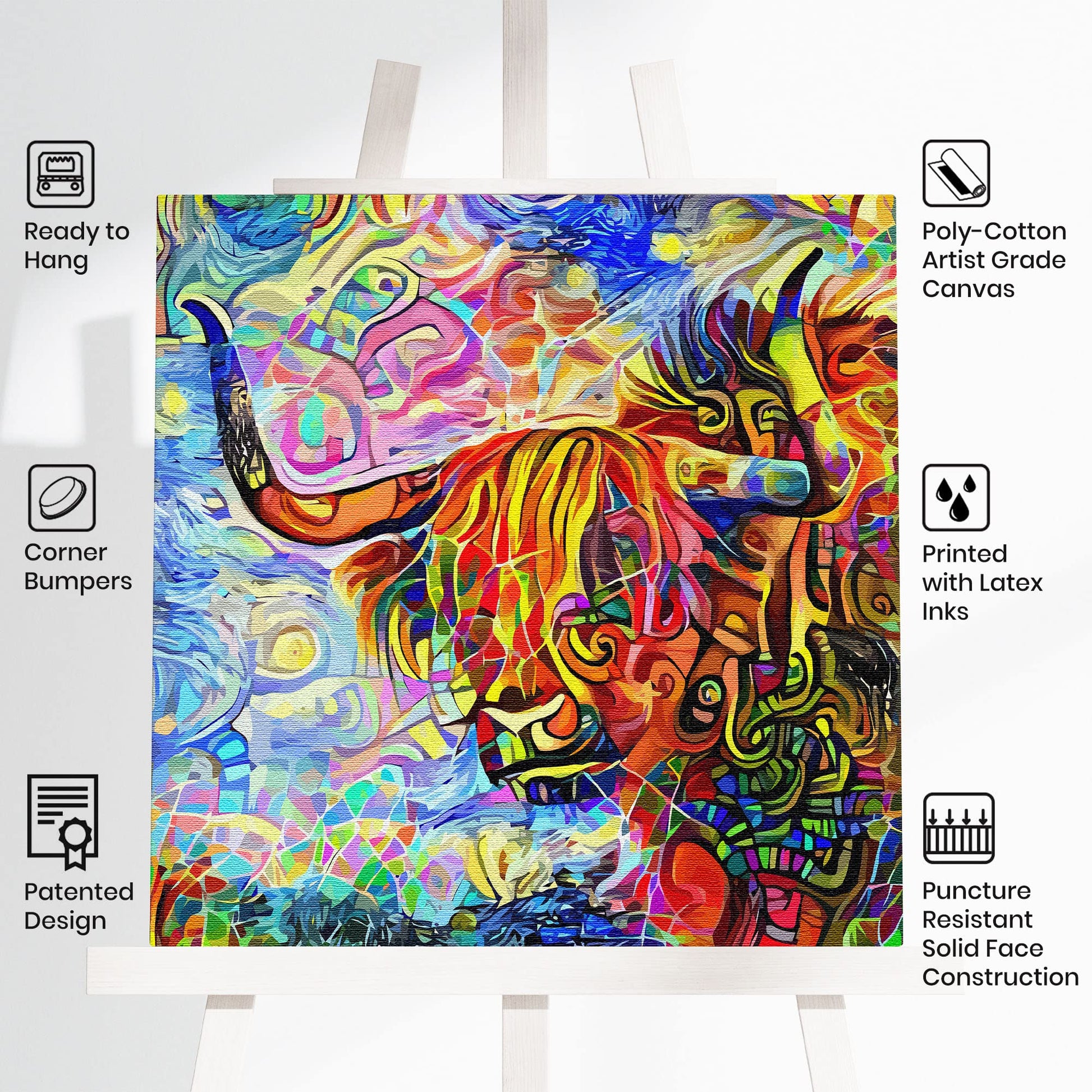 Colorful abstract Highland bull painting with swirling vibrant patterns on square canvas displayed on easel against white background