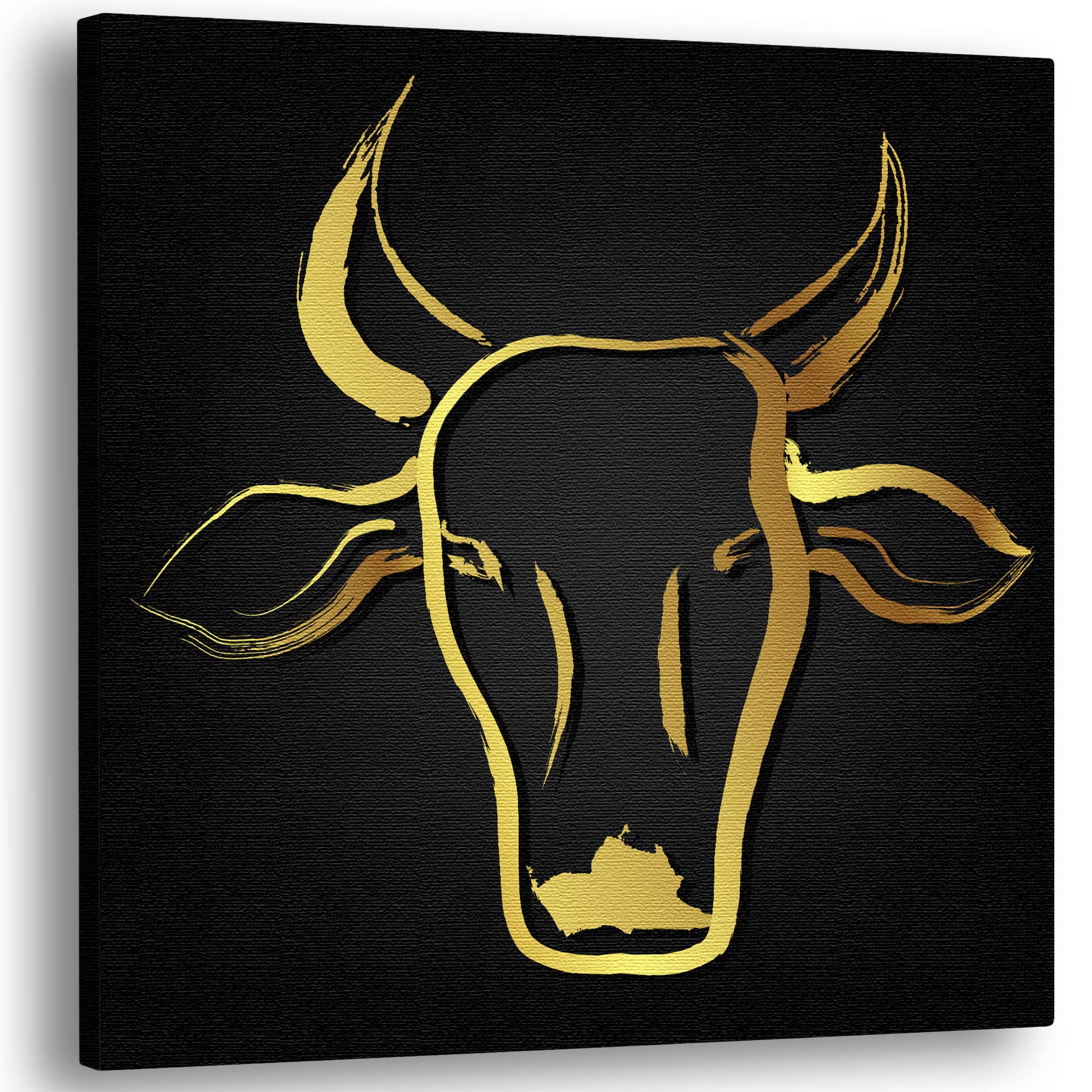 Black and gold abstract cow head art with elegant brushstroke design on black canvas displayed angled view