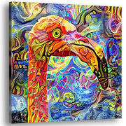 Colorful abstract flamingo bird art with vibrant patterns on canvas displayed against white background