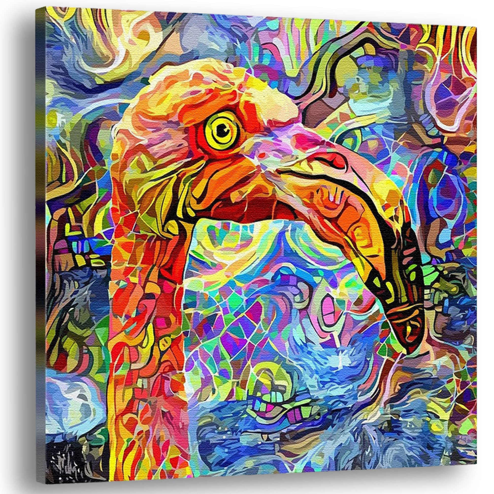 Colorful abstract flamingo bird art with vibrant patterns on canvas displayed against white background
