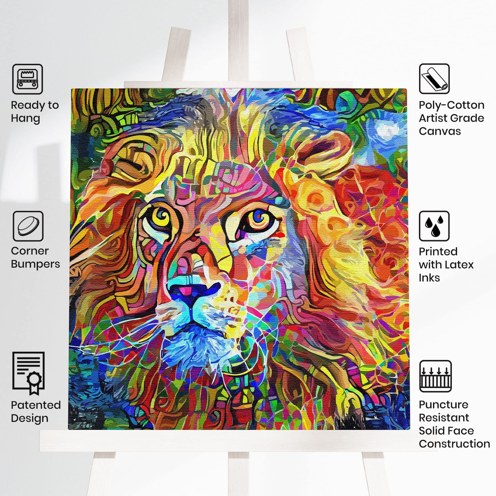 Colorful vibrant abstract king of the jungle lion artwork on square canvas displayed on easel with white background