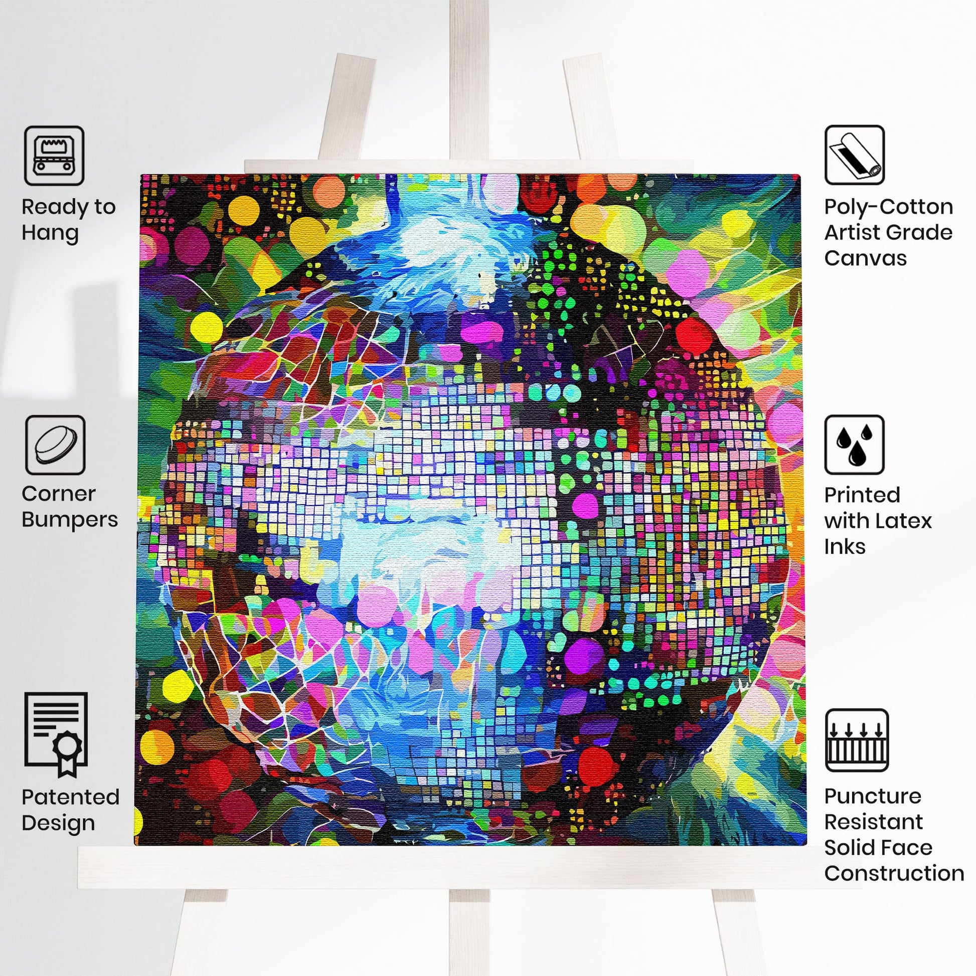 Colorful abstract disco ball wall art with vibrant geometric mosaic patterns on square canvas displayed on white easel
