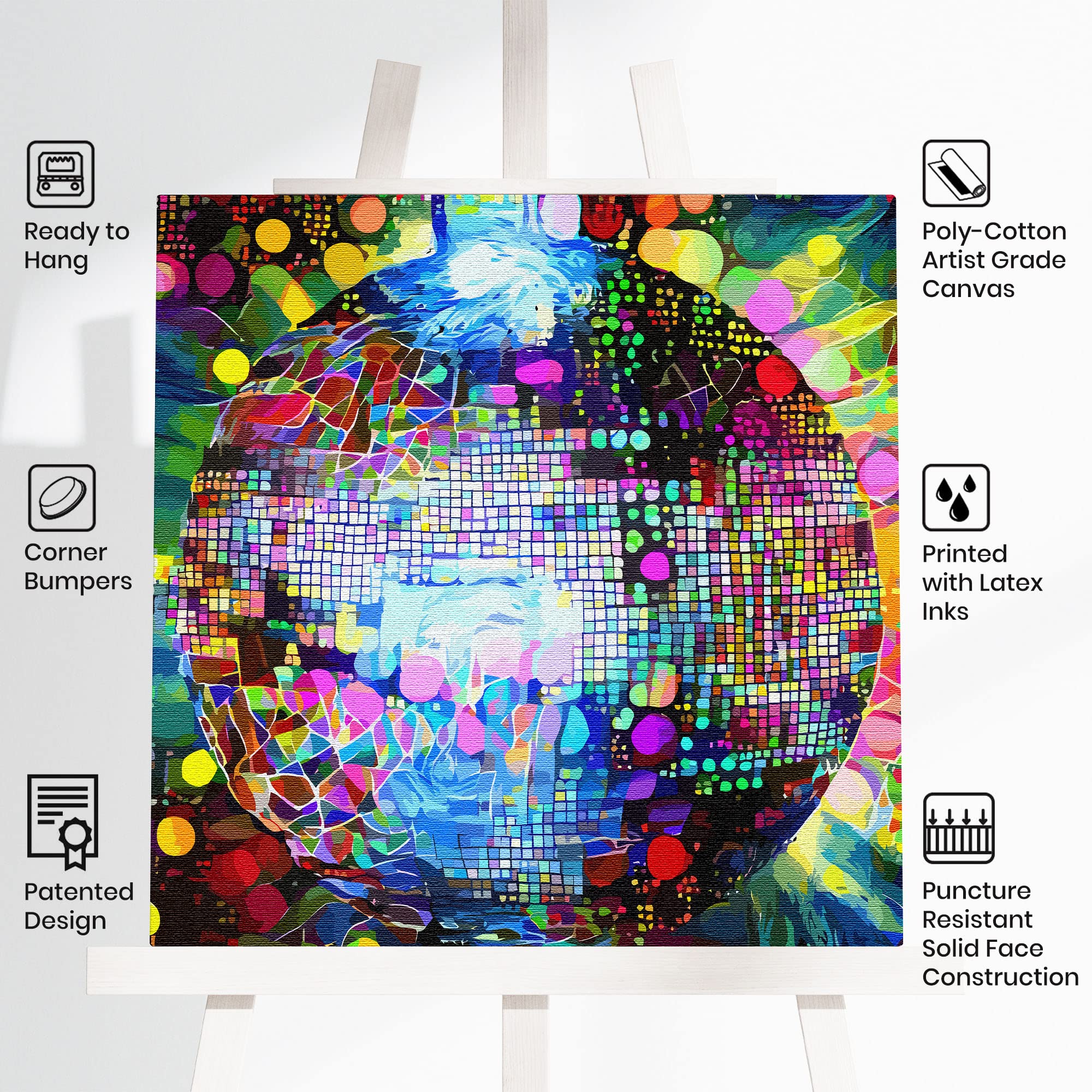 Colorful abstract disco ball wall art with vibrant geometric mosaic patterns on square canvas displayed on white easel