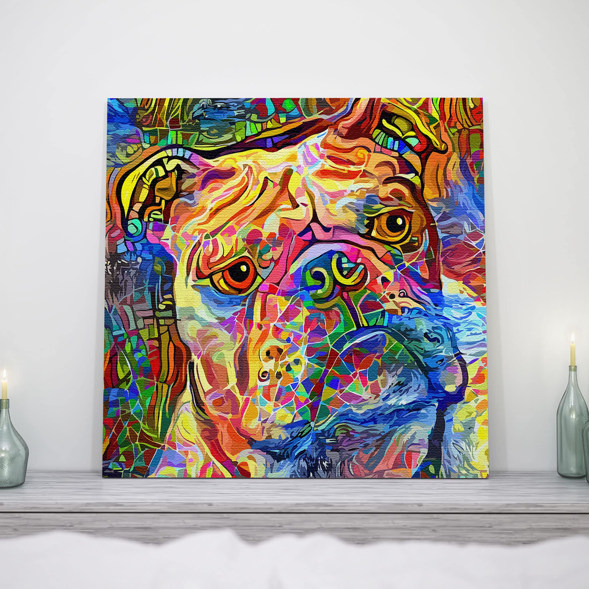 Colorful abstract English Bulldog art with vibrant multicolor mosaic brush strokes on square canvas displayed on mantel shelf