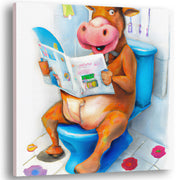 Colorful quirky funny cow watercolor wall art with cartoon cow sitting on blue toilet reading newspaper with bathroom tiles and flowers