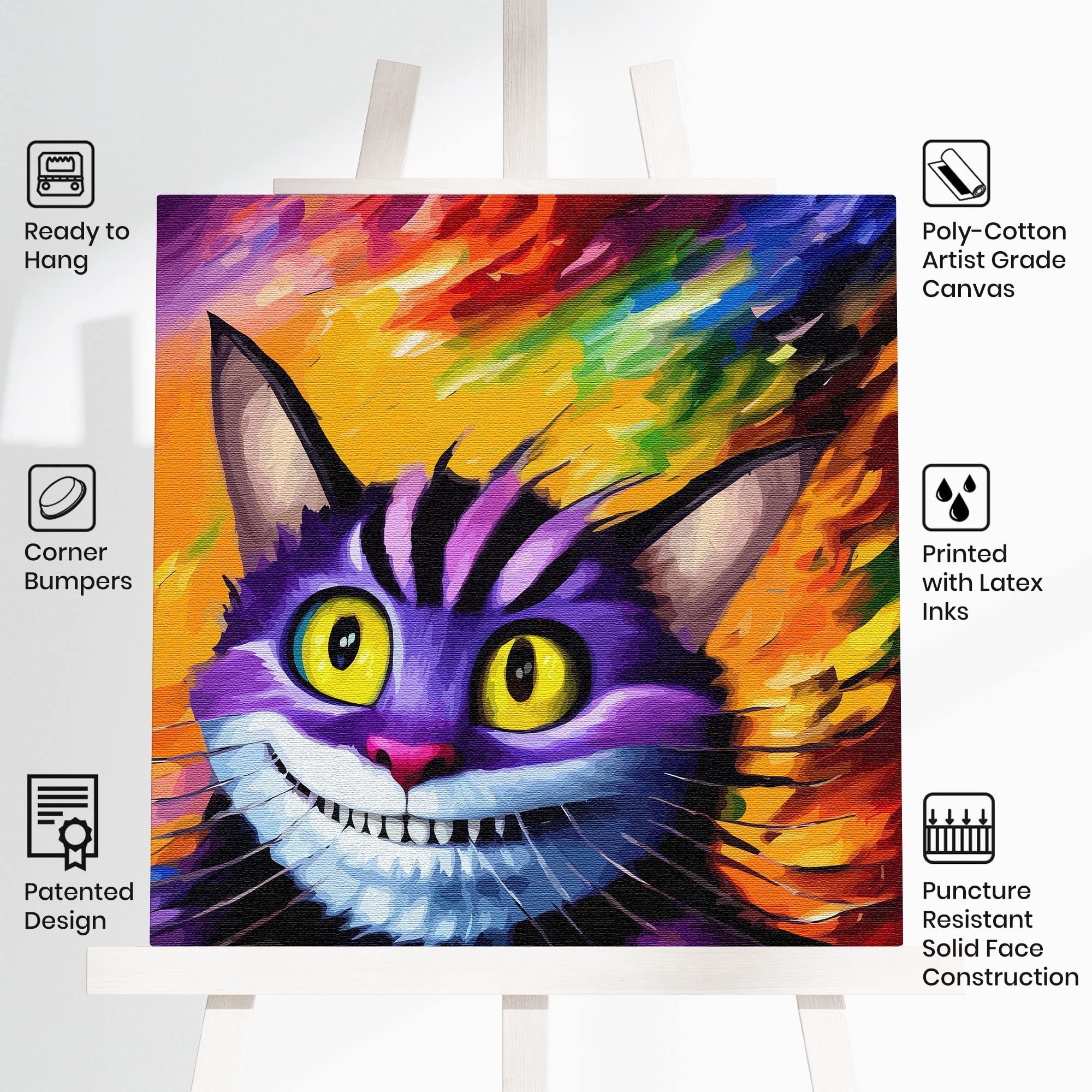 Vibrant purple Cheshire cat wall art with bright yellow eyes and wide grin on colorful abstract background on artist canvas
