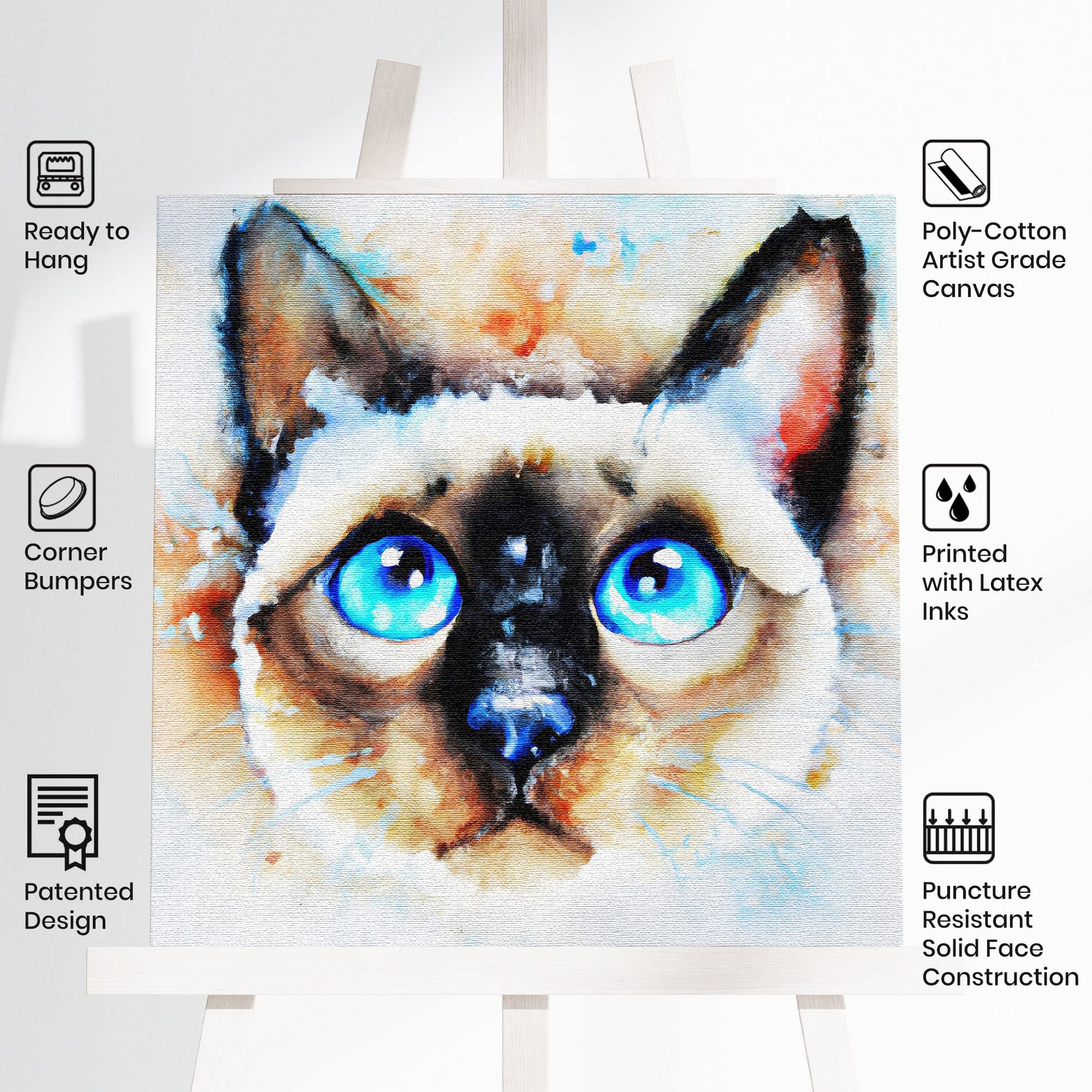 Abstract watercolor Siamese cat wall art featuring bright blue eyes with soft beige, brown, and cream tones on a subtle textured background