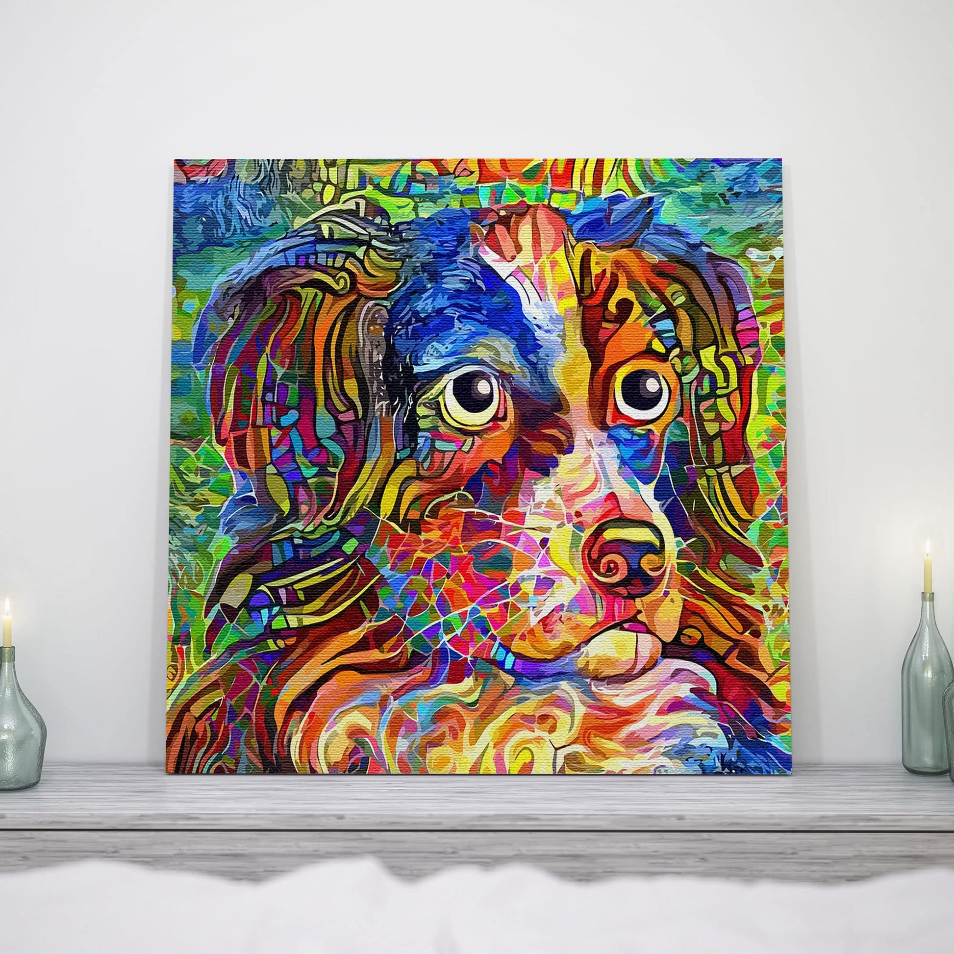 Vibrant abstract Border Collie dog art with multicolor mosaic brush strokes on square canvas displayed on mantelpiece