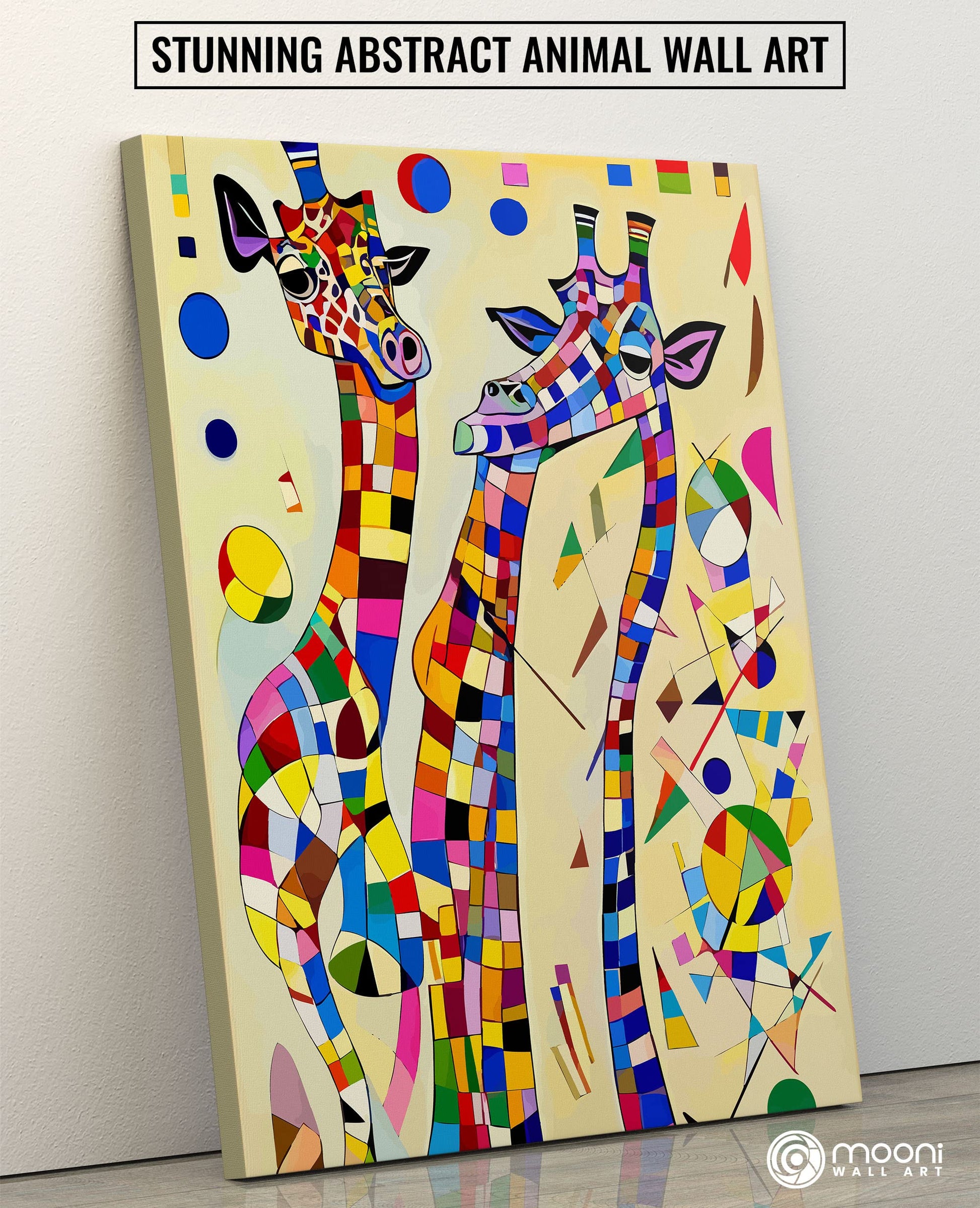 Vibrant abstract geometric giraffe artwork canvas with colorful shapes in modern minimalist wall decor setting