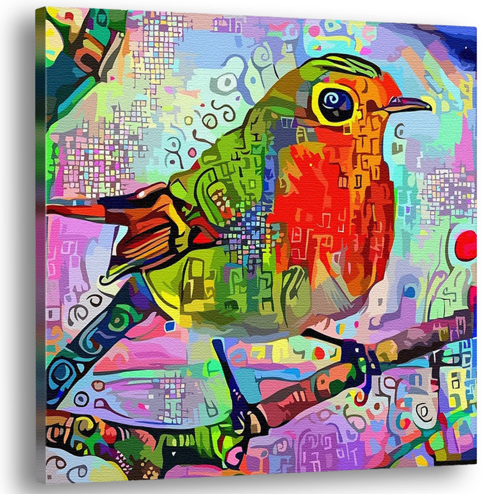 Abstract colorful red robin with vibrant geometric and patterned digital shapes on square canvas wall art