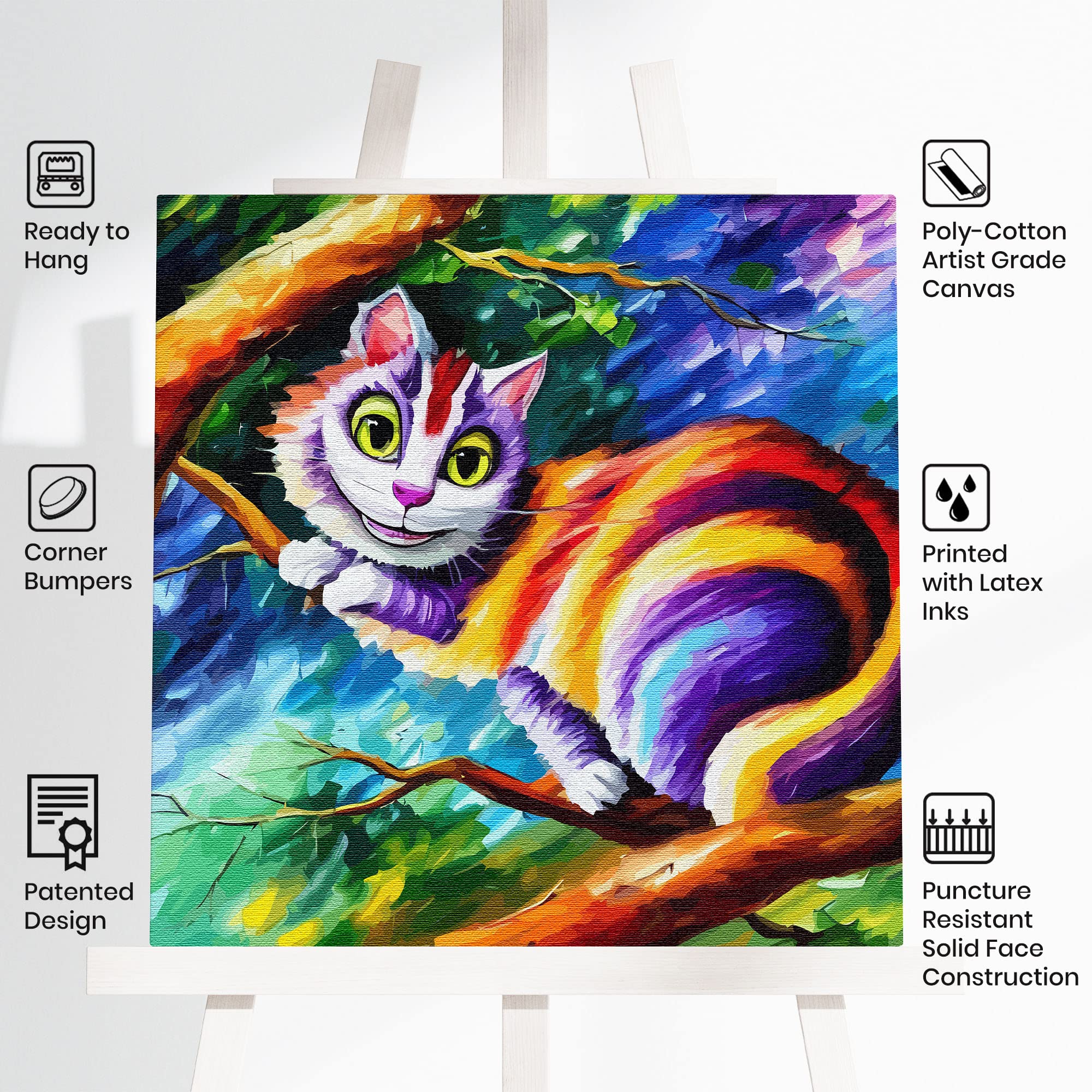 Bright colorful Cheshire cat wall art with vivid purple and orange stripes perched on tree branch against swirling green and blue background