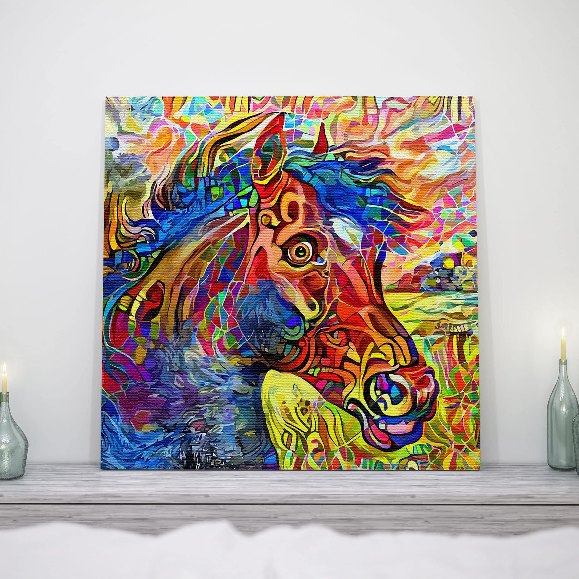 Vibrant colorful abstract horse painting on textured canvas displayed in modern minimalist bright living room setting