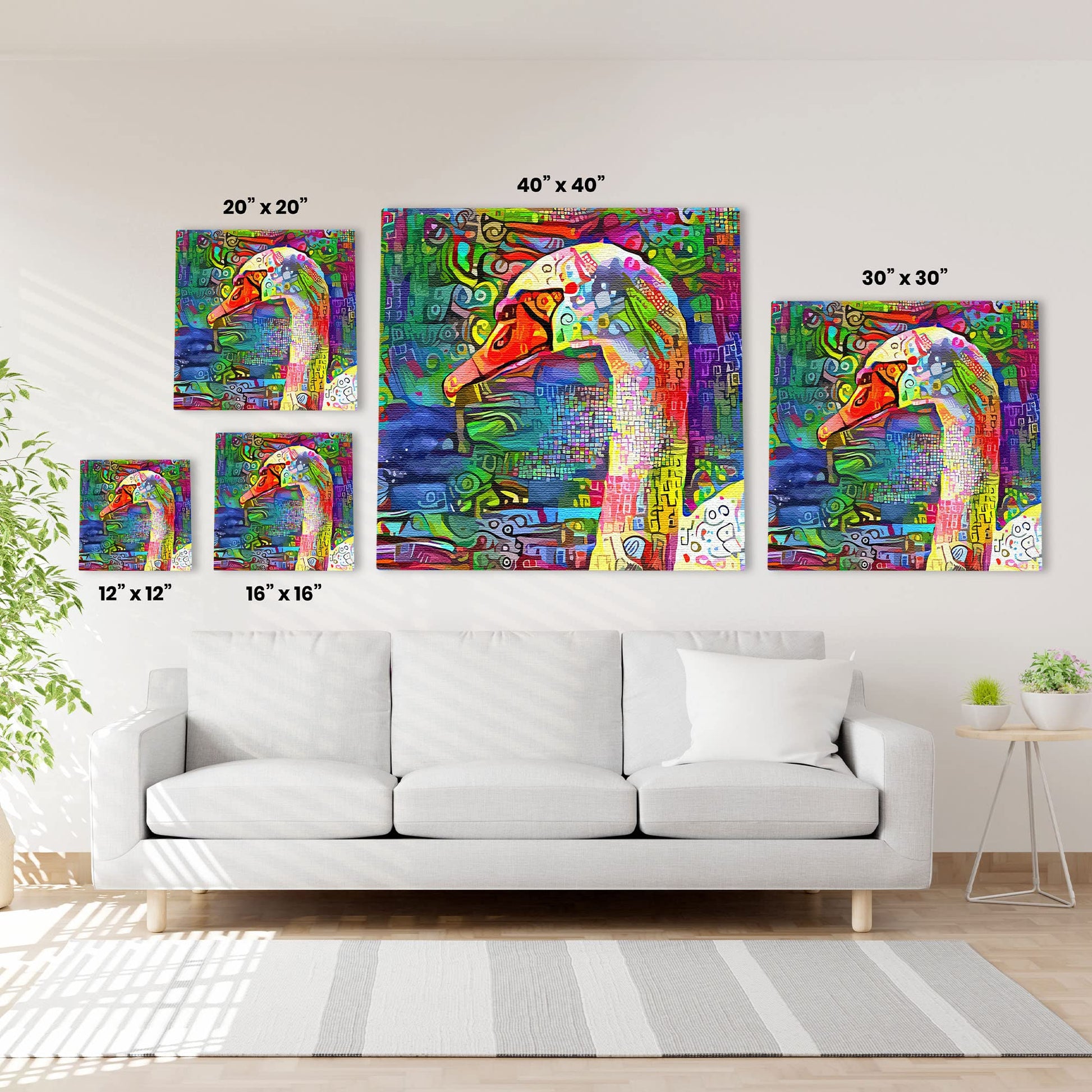 Abstract colorful white swan head with vibrant geometric and intricate patterns on multicolor background printed on canvas wall art above white sofa