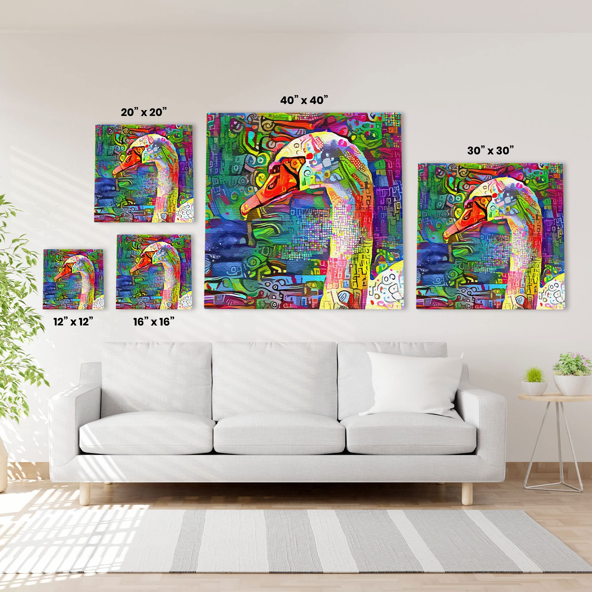 Abstract colorful white swan head with vibrant geometric and intricate patterns on multicolor background printed on canvas wall art above white sofa