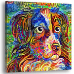 Colorful abstract Border Collie dog art with bold multicolor mosaic brush strokes on square canvas in vibrant detail
