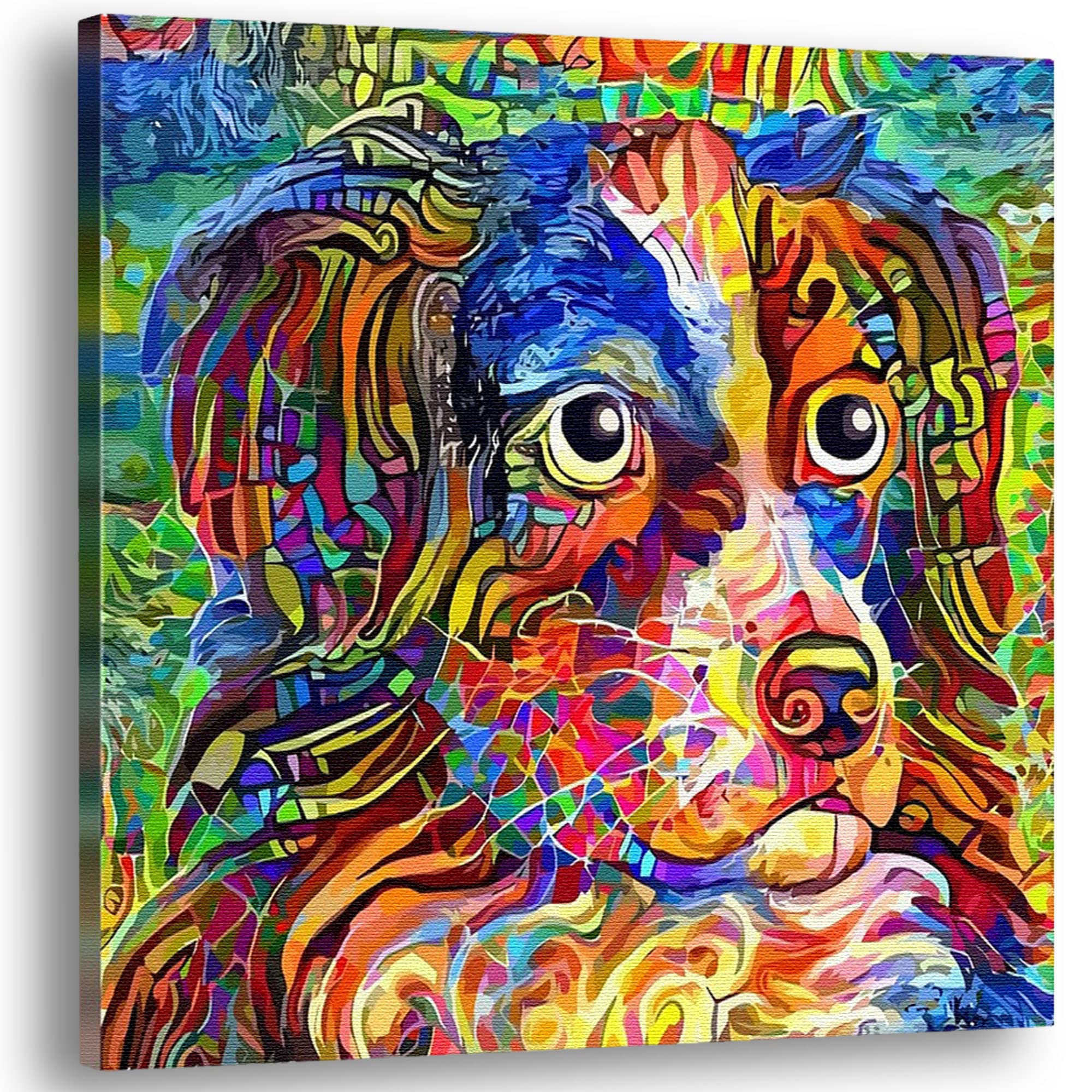 Colorful abstract Border Collie dog art with bold multicolor mosaic brush strokes on square canvas in vibrant detail