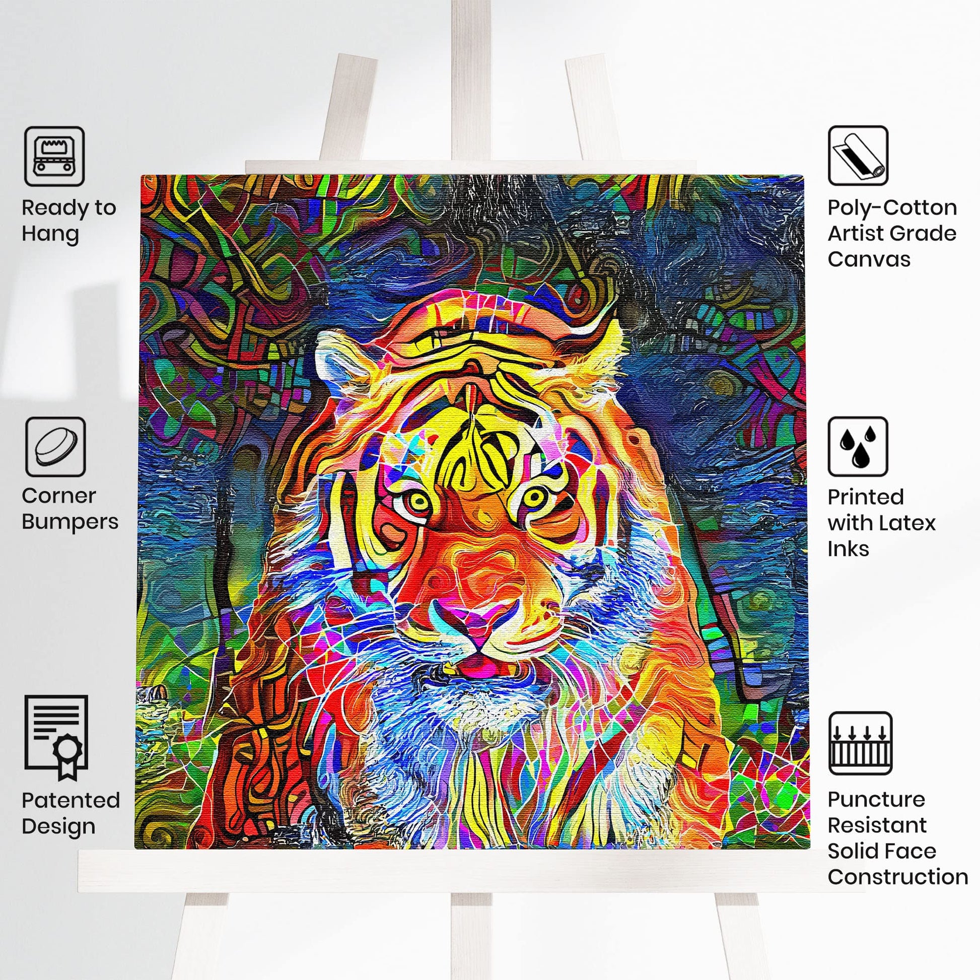Abstract colorful tiger with vibrant geometric and intricate patterns on multicolor background printed on square artist-grade canvas