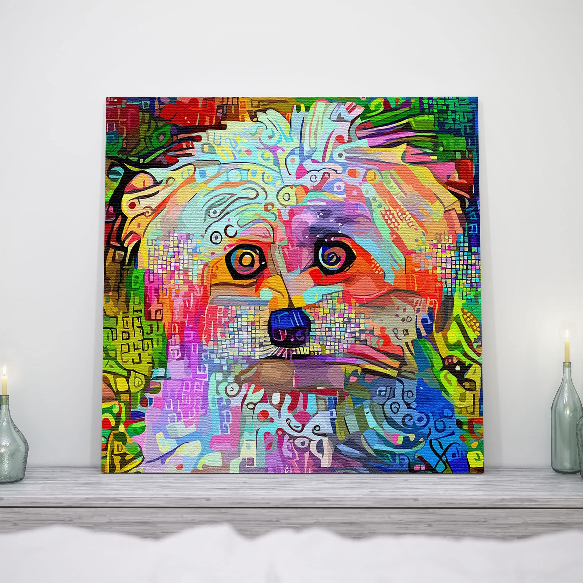 Vibrant colorful abstract Westie dog wall art with geometric and mosaic patterns on square canvas displayed on shelf