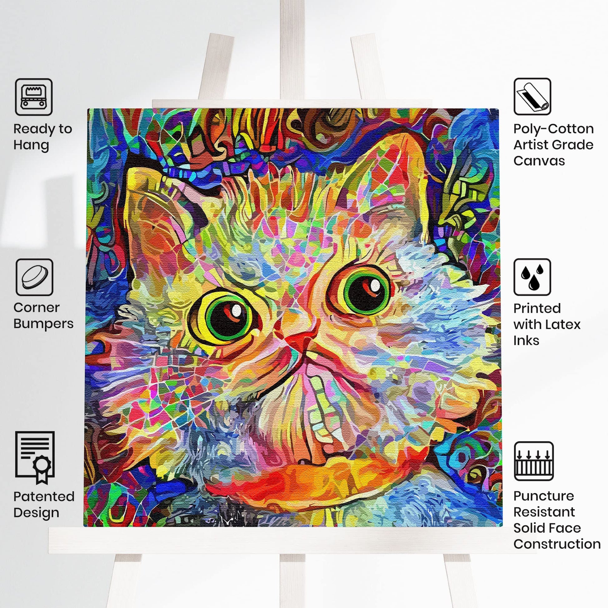Colorful funny cat wall art with abstract vibrant patterns on square canvas displayed on white easel against plain background