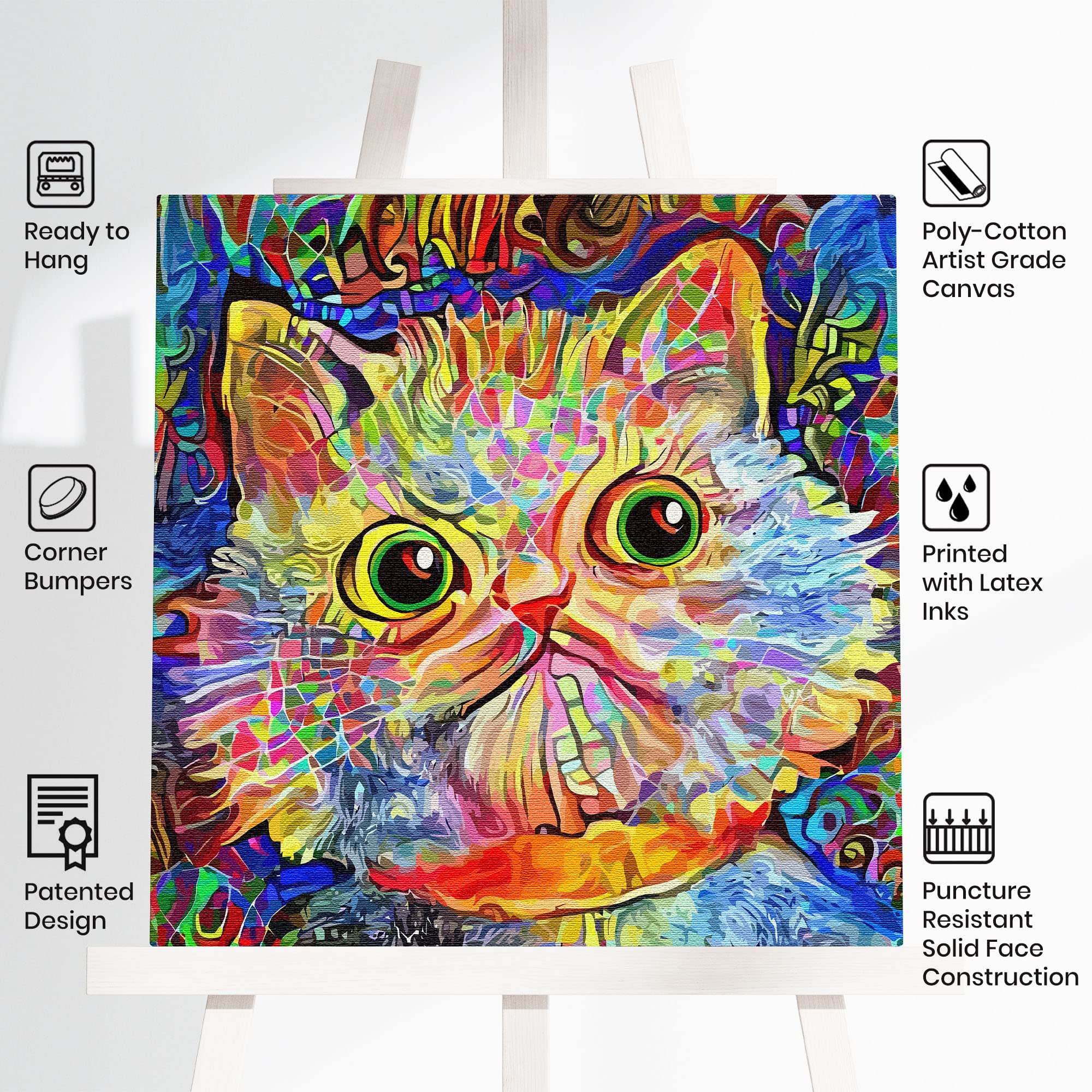 Colorful funny cat wall art with abstract vibrant patterns on square canvas displayed on white easel against plain background