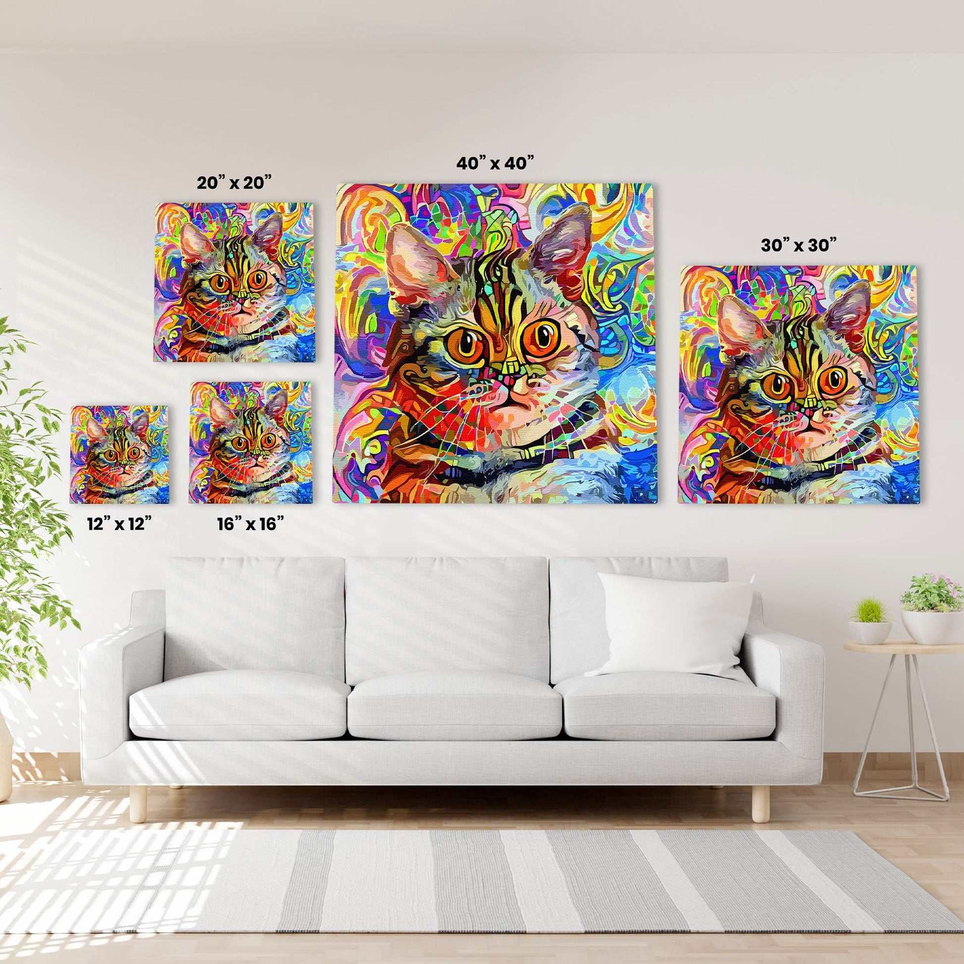 Colorful watercolor cat wall art with vivid abstract patterns and bold lines on bright multicolor canvas above white sofa in modern living room