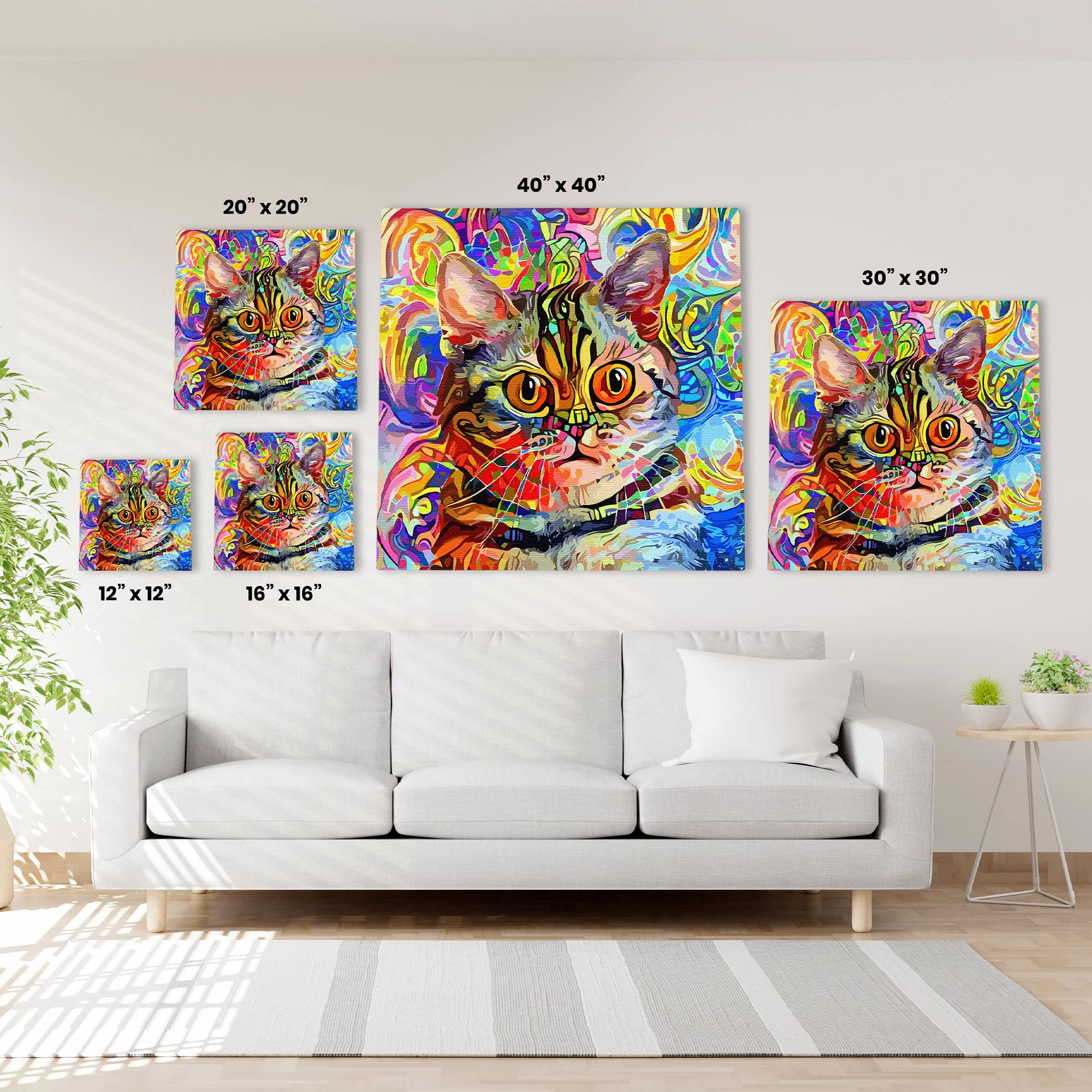 Colorful watercolor cat wall art with vivid abstract patterns and bold lines on bright multicolor canvas above white sofa in modern living room