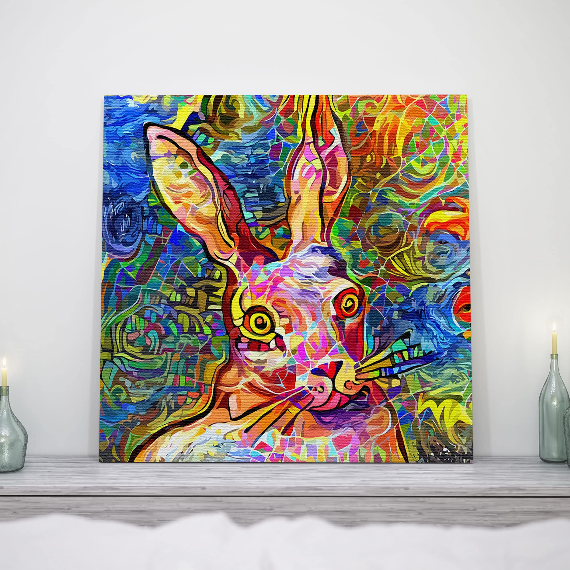 Abstract colorful bunny rabbit with vibrant geometric and swirling digital patterns on square canvas wall art on white mantle