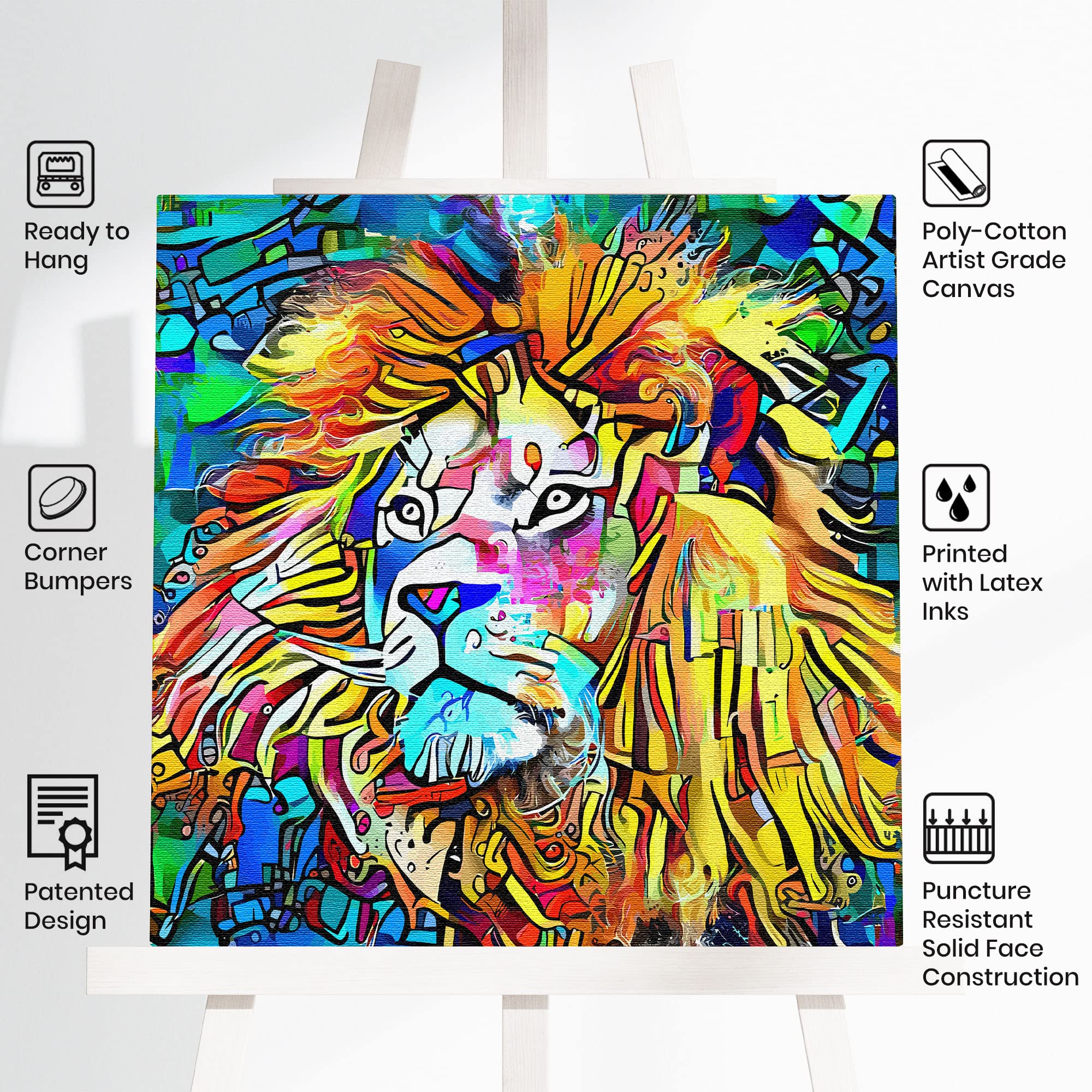 Vibrant colorful abstract lion artwork on square canvas displayed on easel with white background and product icons