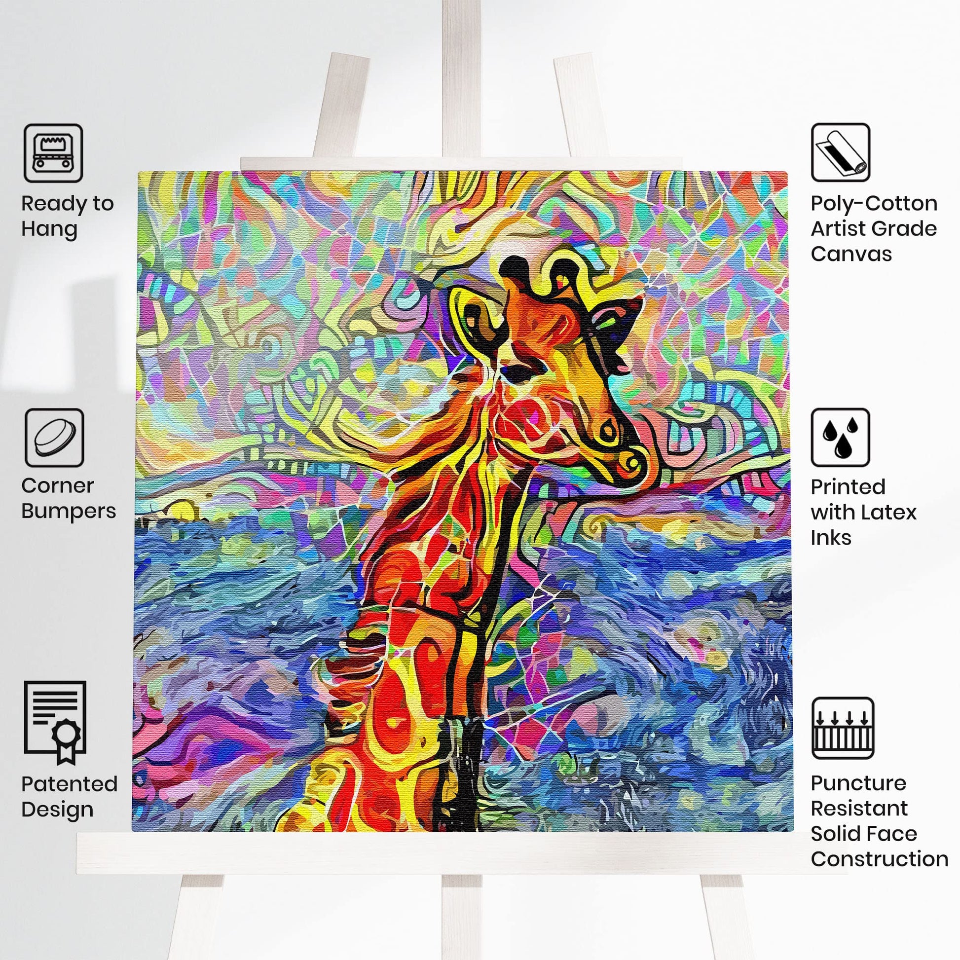 Abstract giraffe canvas wall art with colorful geometric patterns and vibrant swirling shapes in modern minimalist decor setting