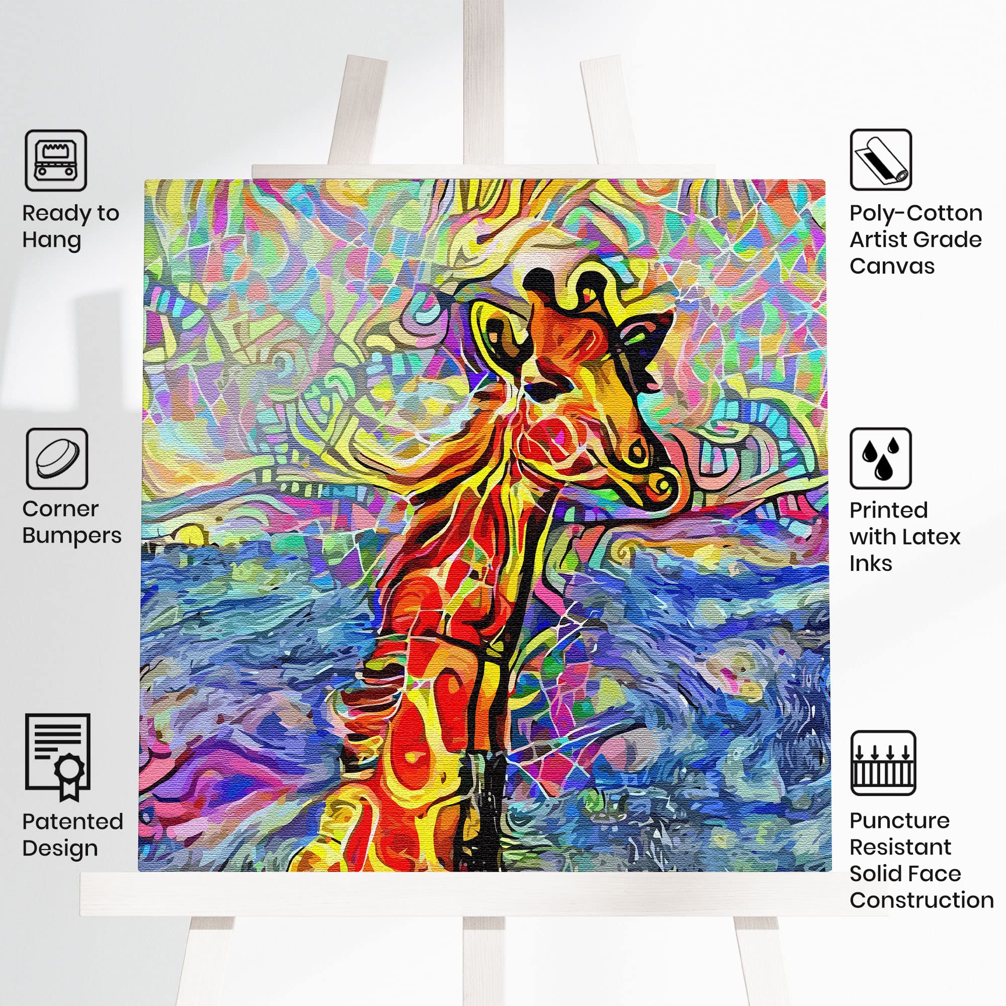 Abstract giraffe canvas wall art with colorful geometric patterns and vibrant swirling shapes in modern minimalist decor setting