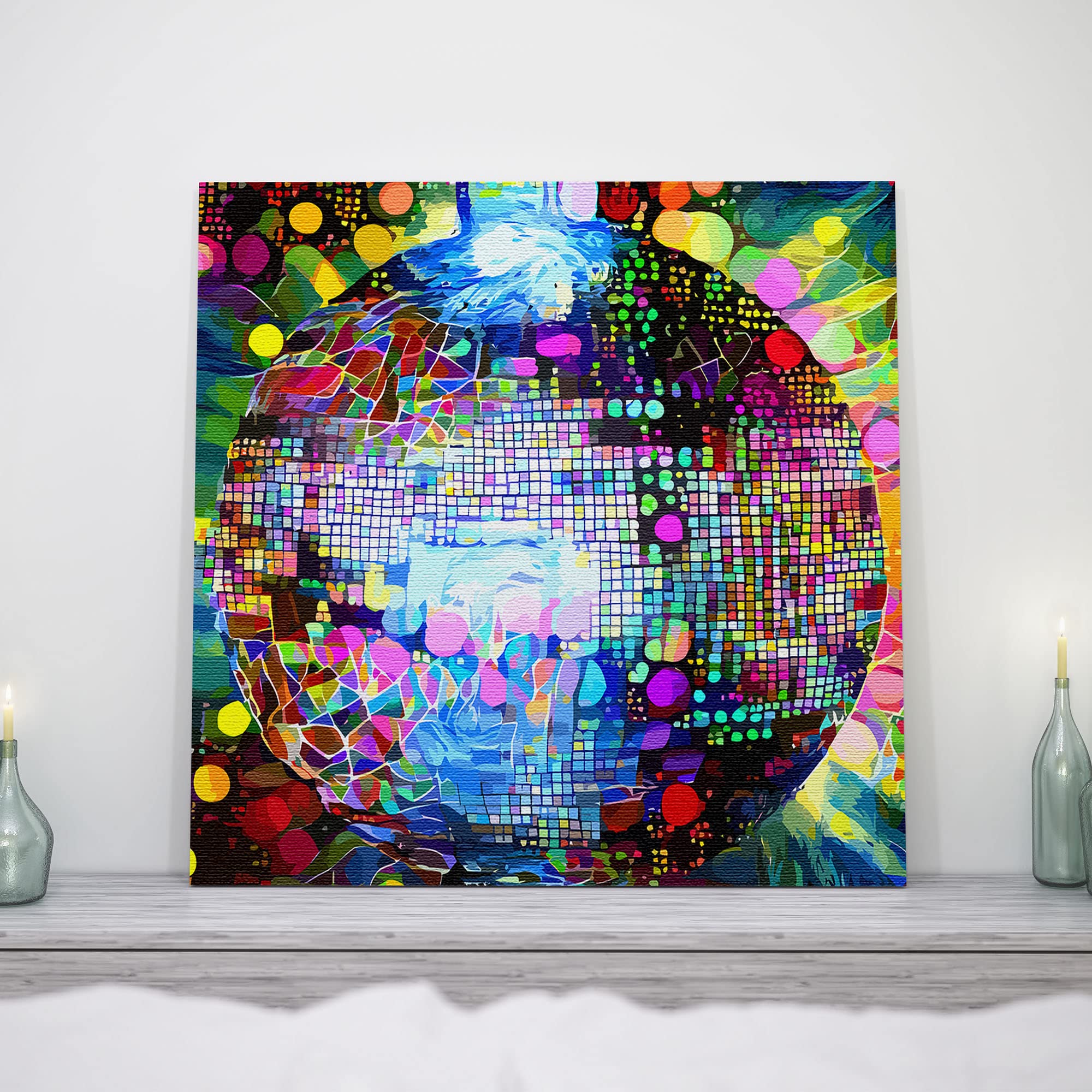 Abstract disco ball wall art painting with vibrant geometric mosaic patterns on square canvas displayed on white shelf