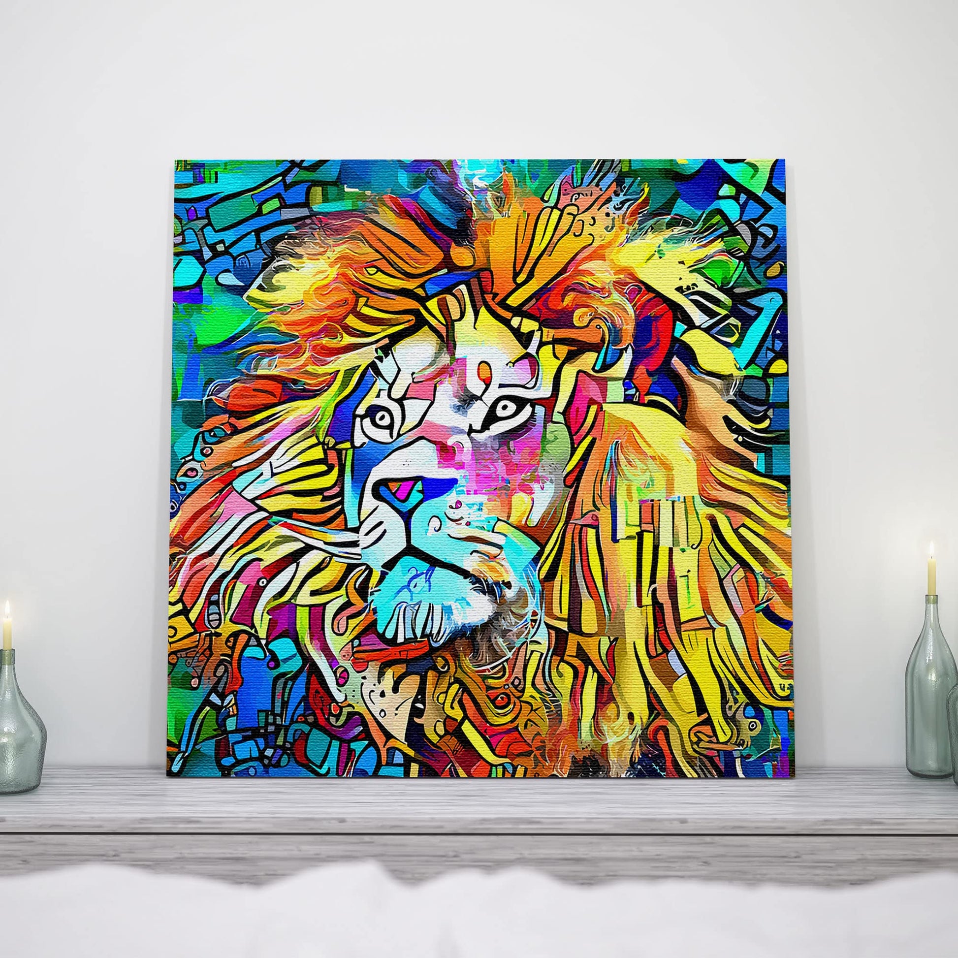 Vibrant colorful abstract majestic king of the jungle lion artwork on square canvas displayed on mantle with candles