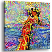 Abstract giraffe canvas wall art with vibrant colorful swirling geometric patterns in modern minimalist room decor setting