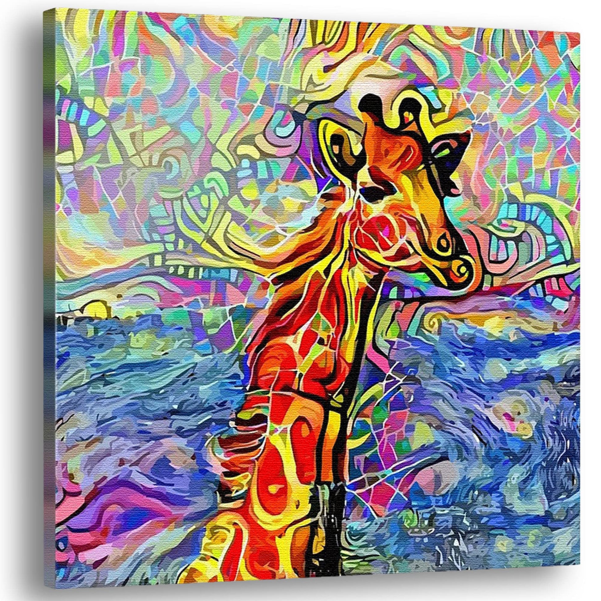 Abstract giraffe canvas wall art with vibrant colorful swirling geometric patterns in modern minimalist room decor setting