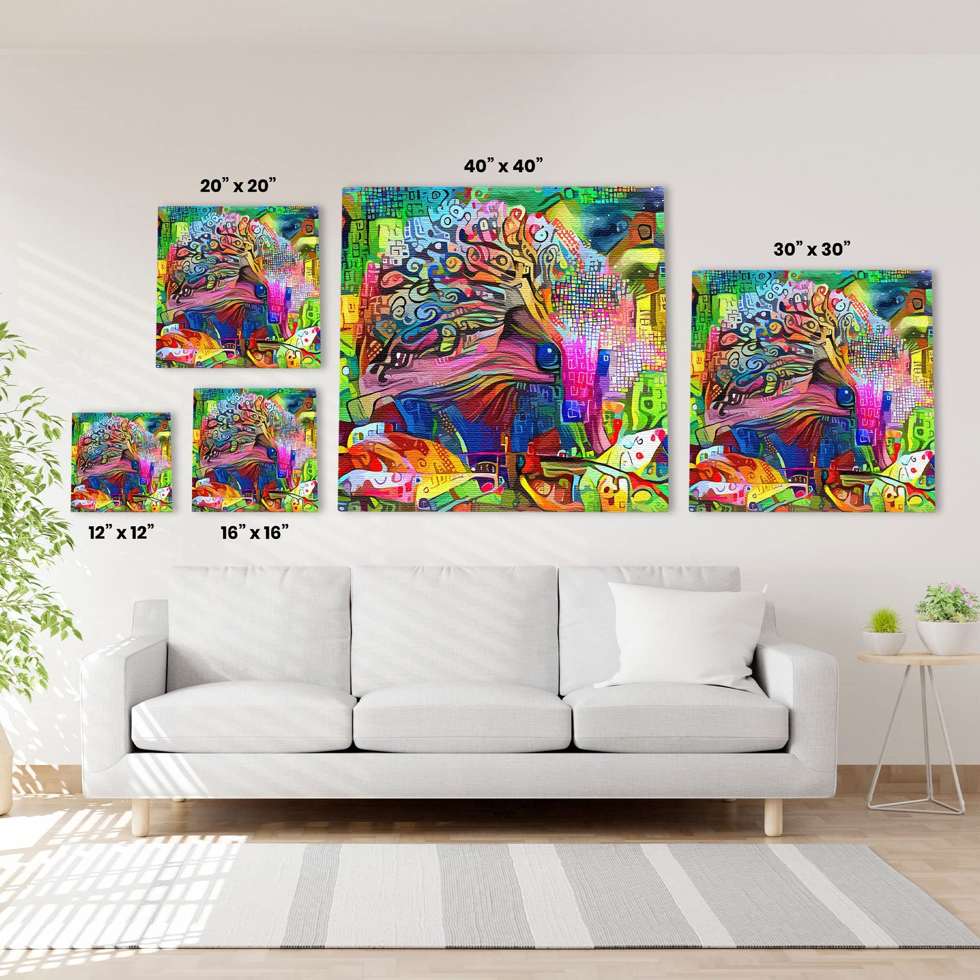 Vivid colorful abstract cute hedgehog woodland animal art on canvas in modern minimalist living room wall decor setting
