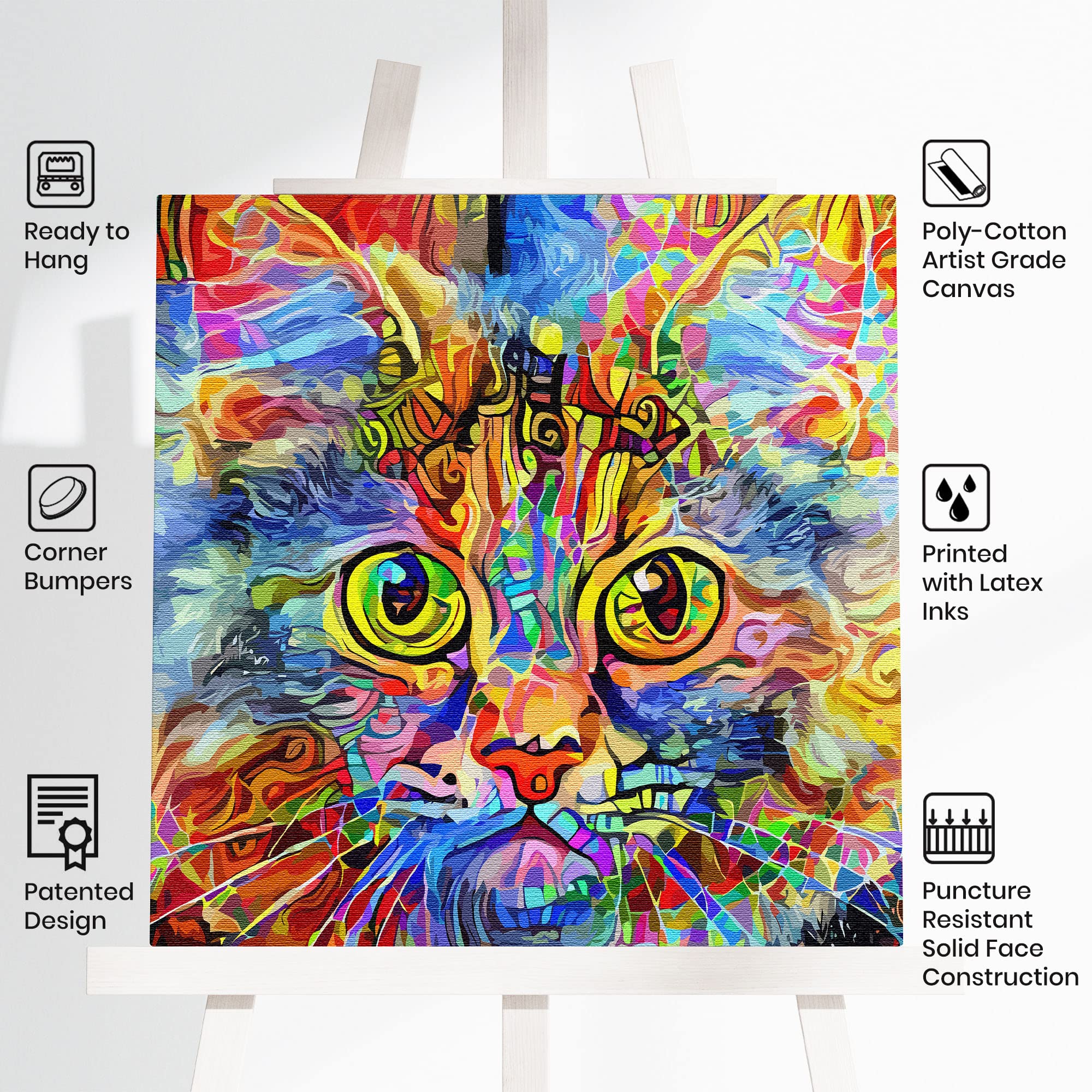 Bright multicolor cat art canvas with abstract geometric patterns and large vivid expressive eyes on square canvas on easel